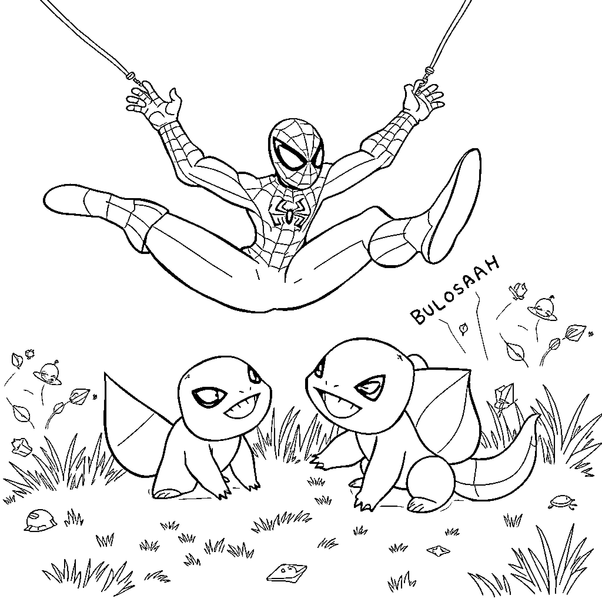 Spiderman swinging with Squirtle and Bulbasaur Coloring Page (free black-and-white line drawing printable PDF for all, from beginners to advanced learners, including children, teens, adults, and seniors)