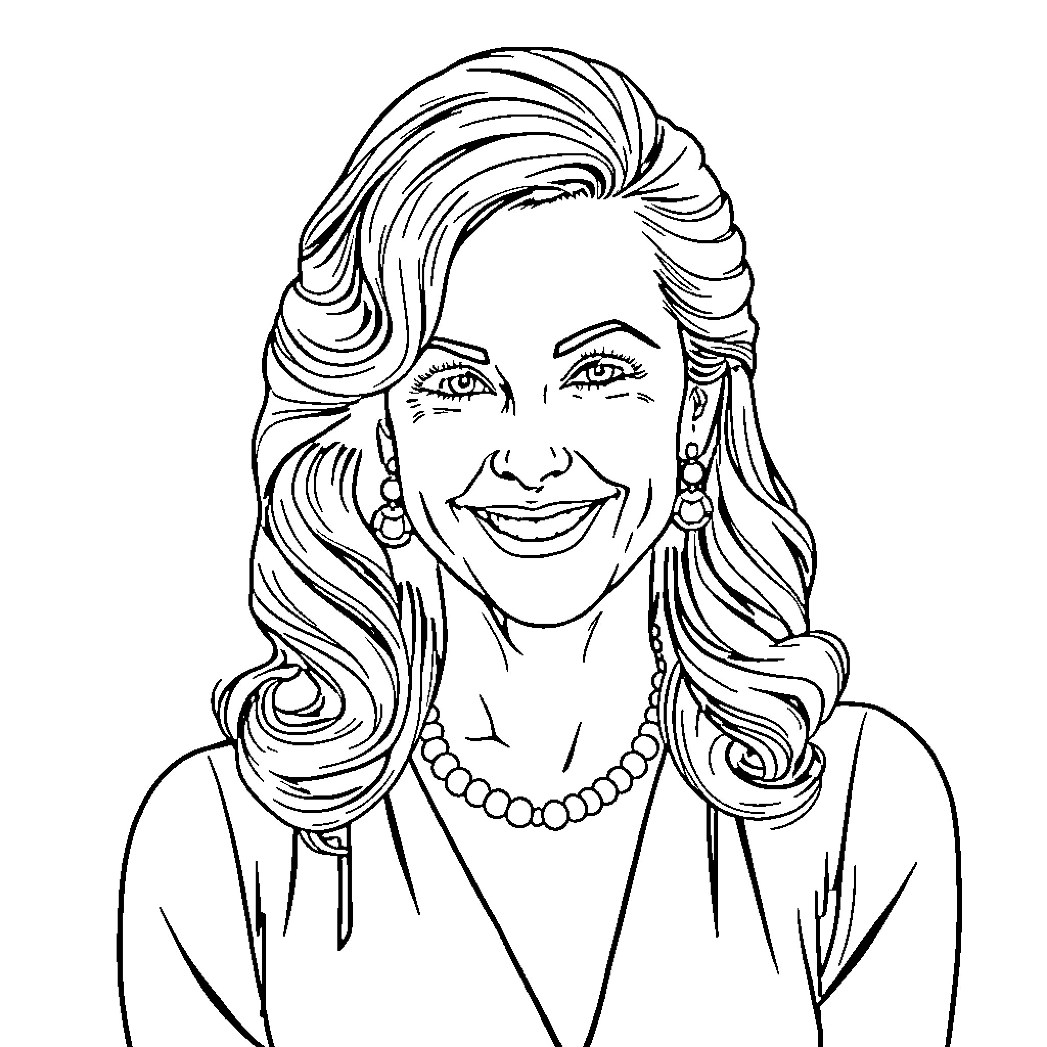 Julia Ann smiling brightly with styled hair Coloring Page (free black-and-white line drawing printable PDF for all, from beginners to advanced learners, including children, teens, adults, and seniors)