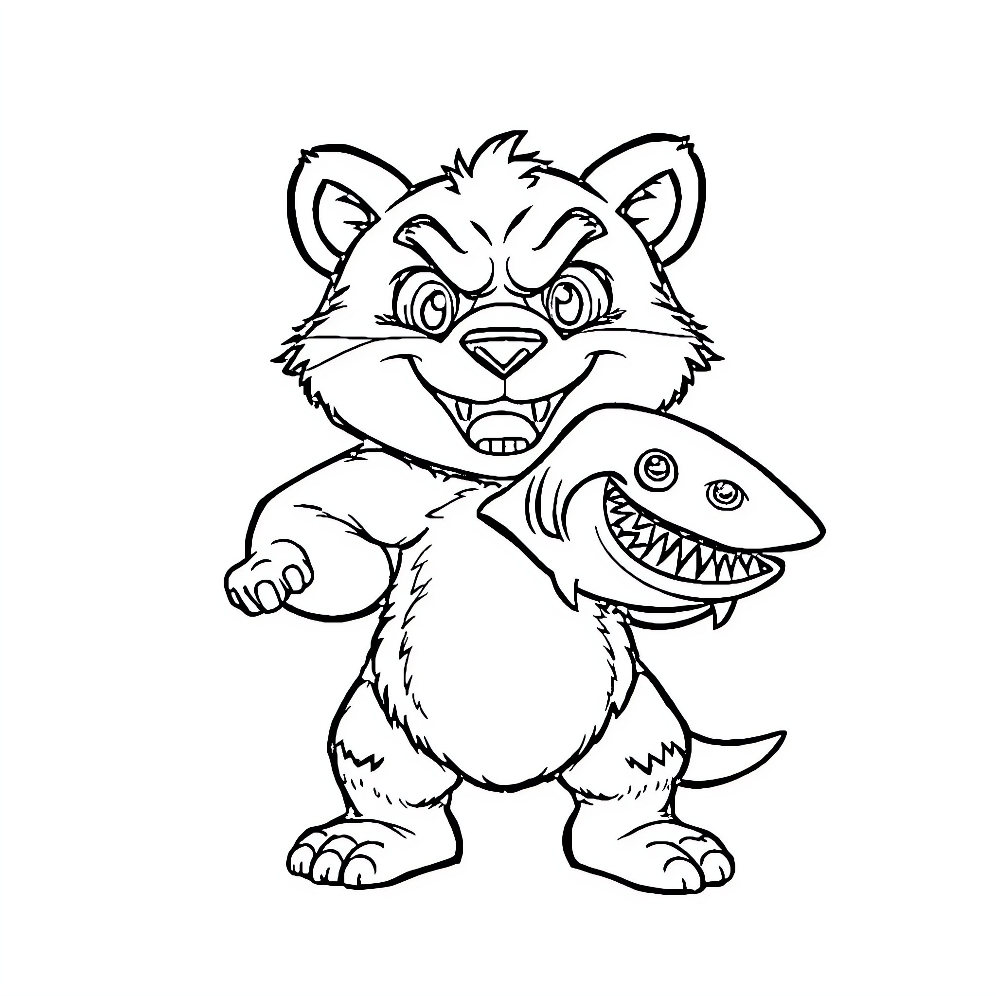 Mascot holding a menacing shark Coloring Page (free black-and-white line drawing printable PDF for all, from beginners to advanced learners, including children, teens, adults, and seniors)