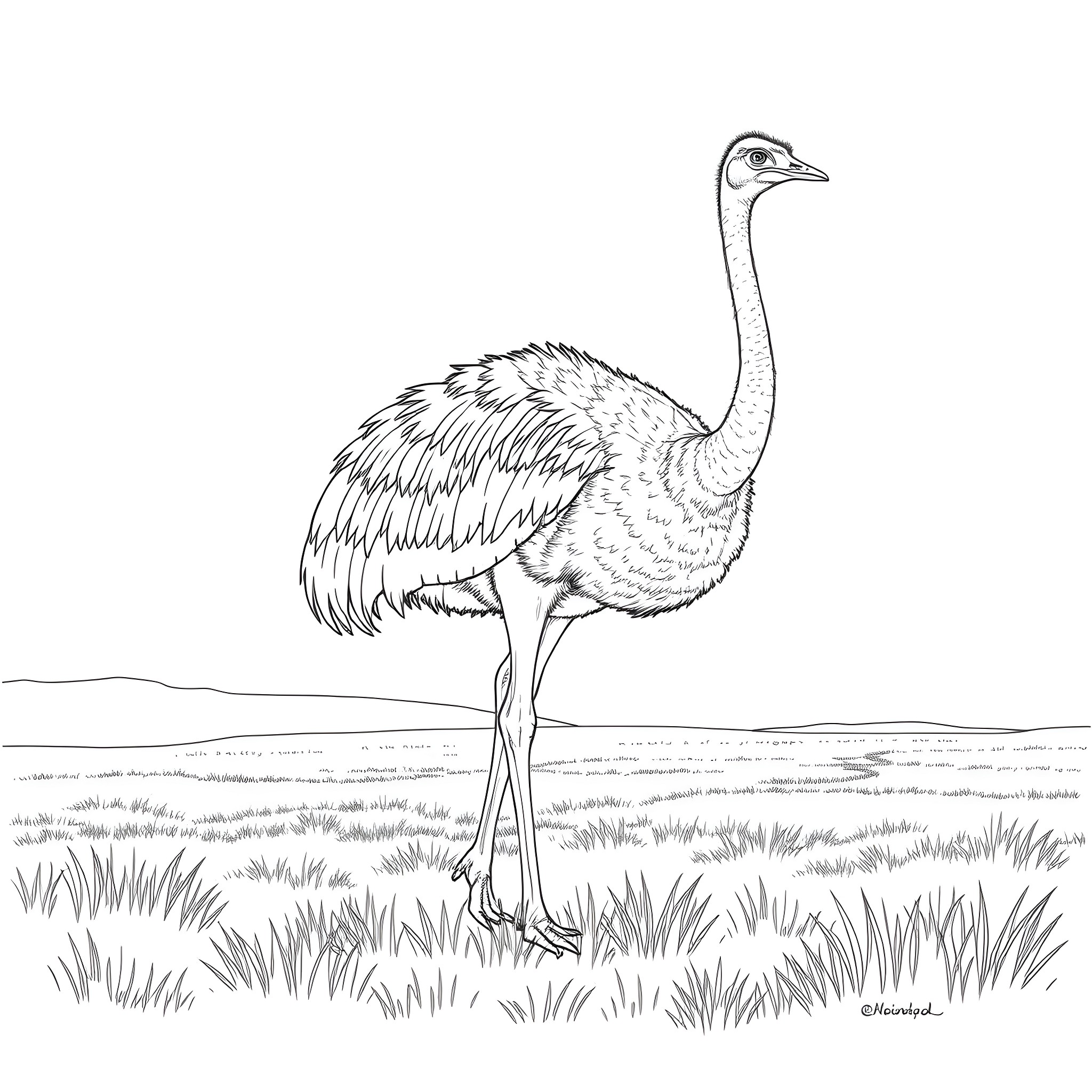 Ostrich standing in a grassy field Coloring Page (free black-and-white line drawing printable PDF for all, from beginners to advanced learners, including children, teens, adults, and seniors)