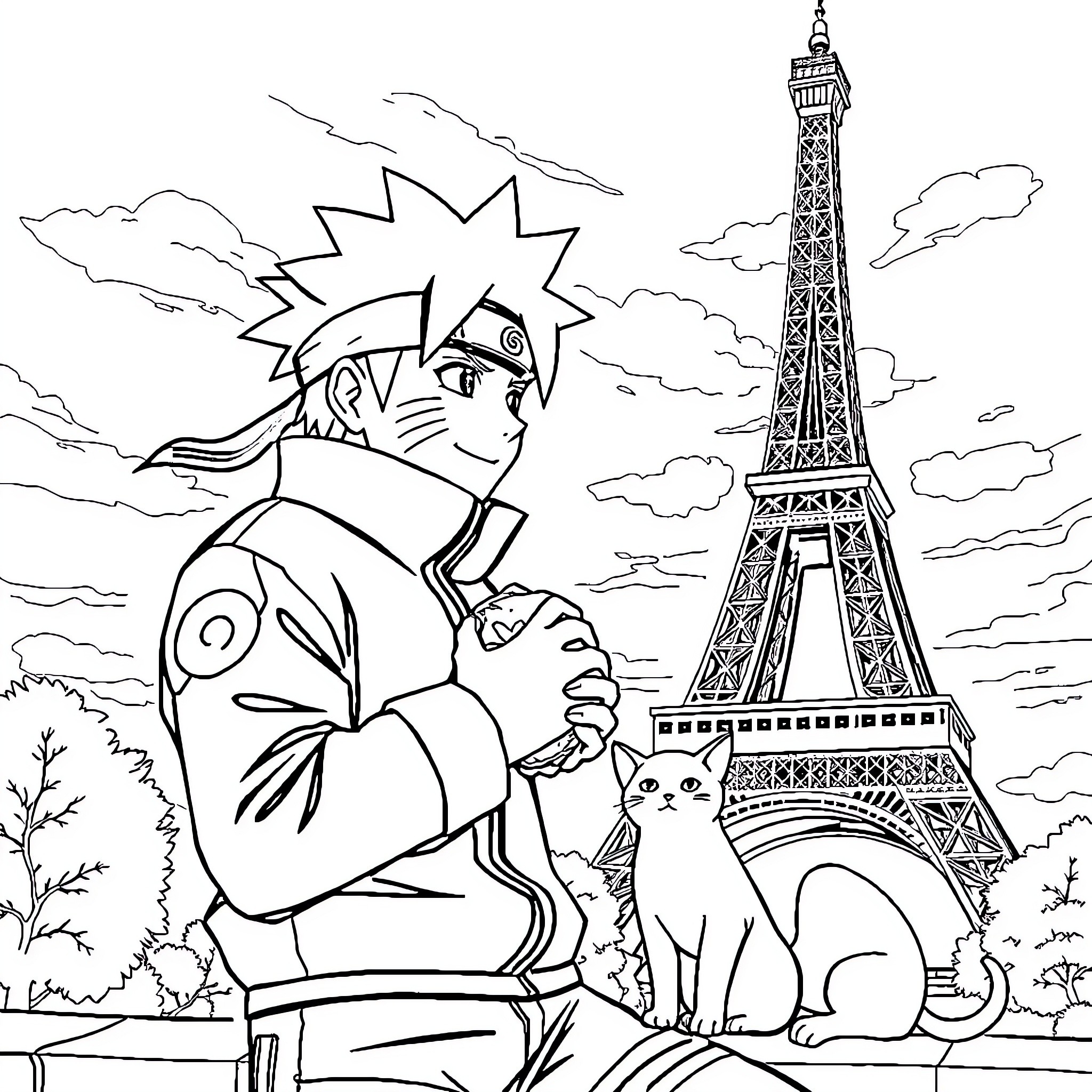 Naruto exploring the wonders of Paris with his companion Coloring Page (free black-and-white line drawing printable PDF for all, from beginners to advanced learners, including children, teens, adults, and seniors)