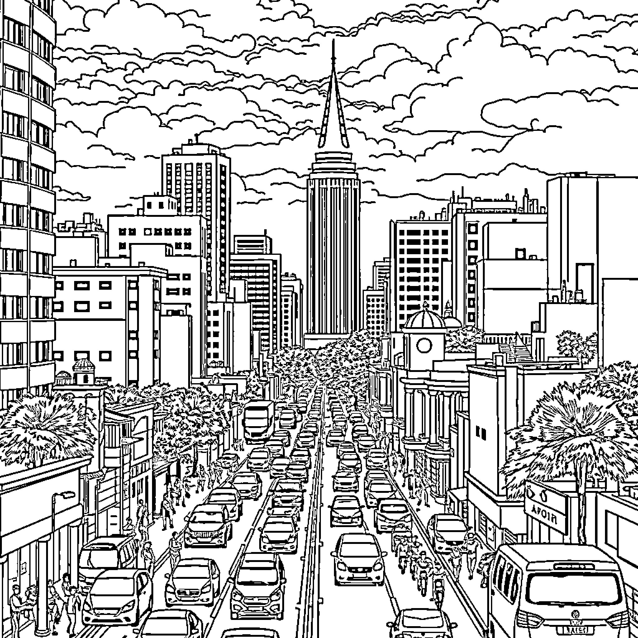 Nairobi cityscape with busy traffic and skyscrapers Coloring Page (free black-and-white line drawing printable PDF for all, from beginners to advanced learners, including children, teens, adults, and seniors)