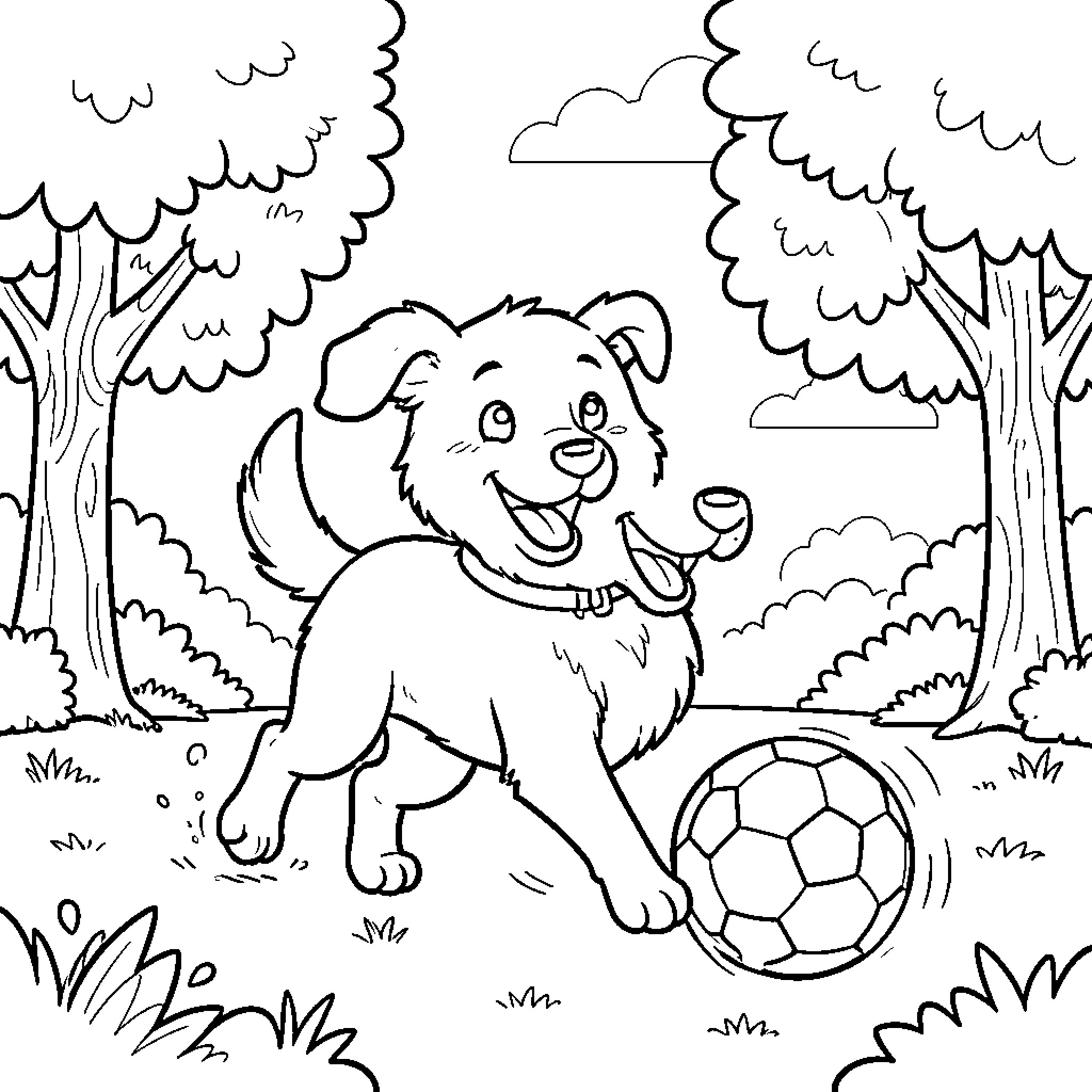 Dog playing with soccer ball in the park Coloring Page (free black-and-white line drawing printable PDF for all, from beginners to advanced learners, including children, teens, adults, and seniors)