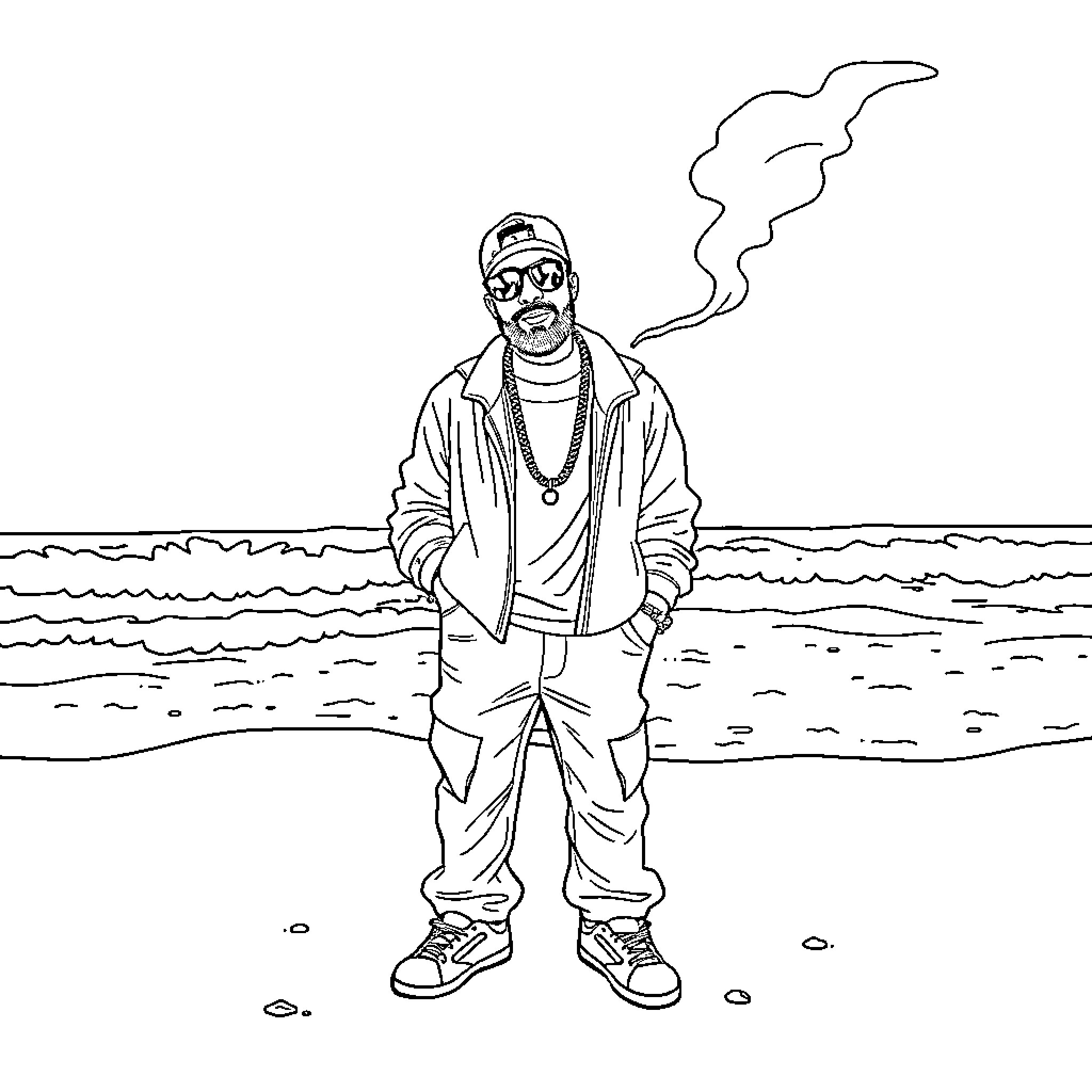 Pop Smoke enjoying the beachside with his outfit Coloring Page (free black-and-white line drawing printable PDF for all, from beginners to advanced learners, including children, teens, adults, and seniors)