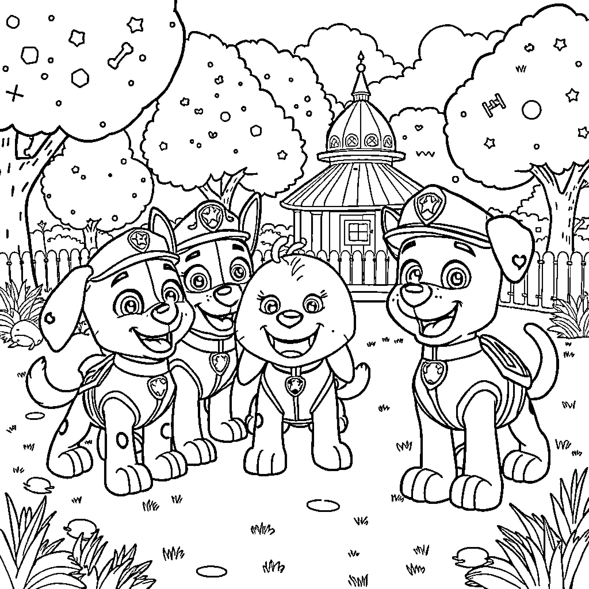 Paw Patrol characters exploring a magical landscape Coloring Page (free black-and-white line drawing printable PDF for all, from beginners to advanced learners, including children, teens, adults, and seniors)