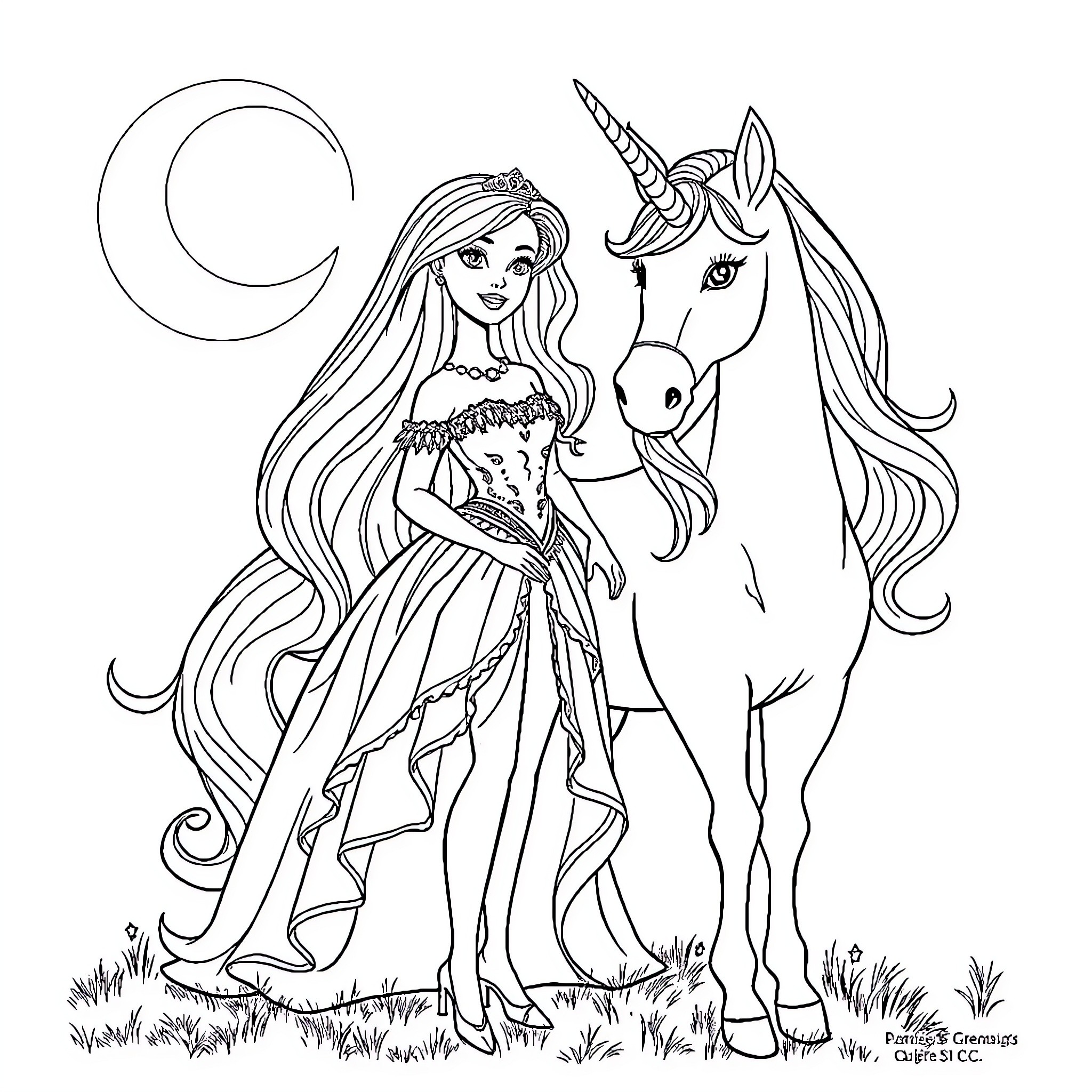 Princess and her Unicorn Companion Coloring Page (free black-and-white line drawing printable PDF for all, from beginners to advanced learners, including children, teens, adults, and seniors)