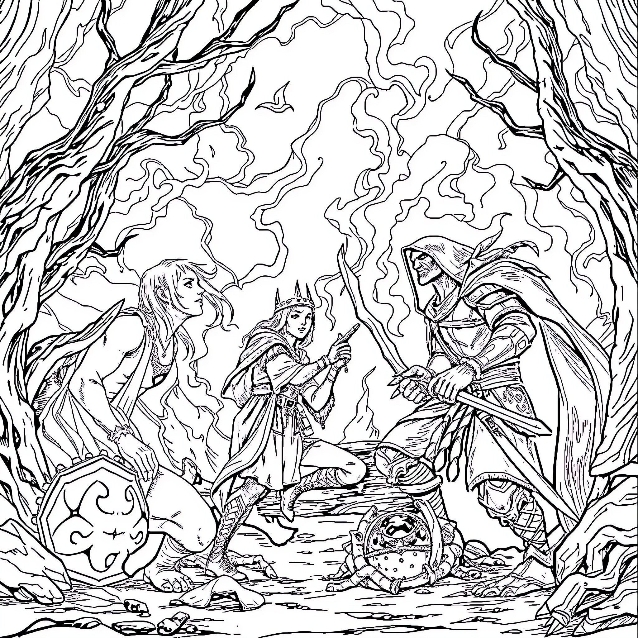 Dragon warriors in a magical forest scene Coloring Page (free black-and-white line drawing printable PDF for all, from beginners to advanced learners, including children, teens, adults, and seniors)