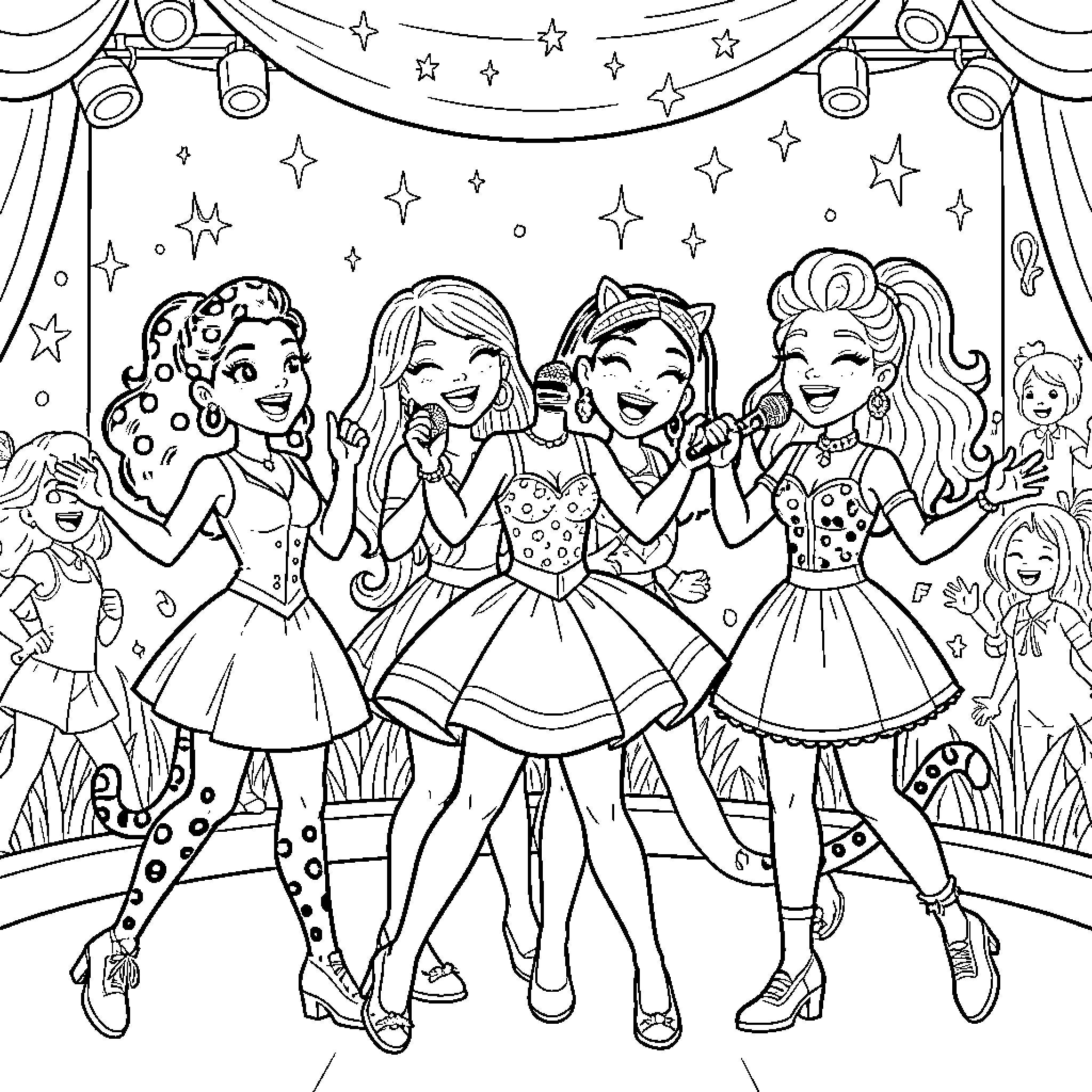 Cheetah Girls performing on stage in colorful outfits Coloring Page (free black-and-white line drawing printable PDF for all, from beginners to advanced learners, including children, teens, adults, and seniors)