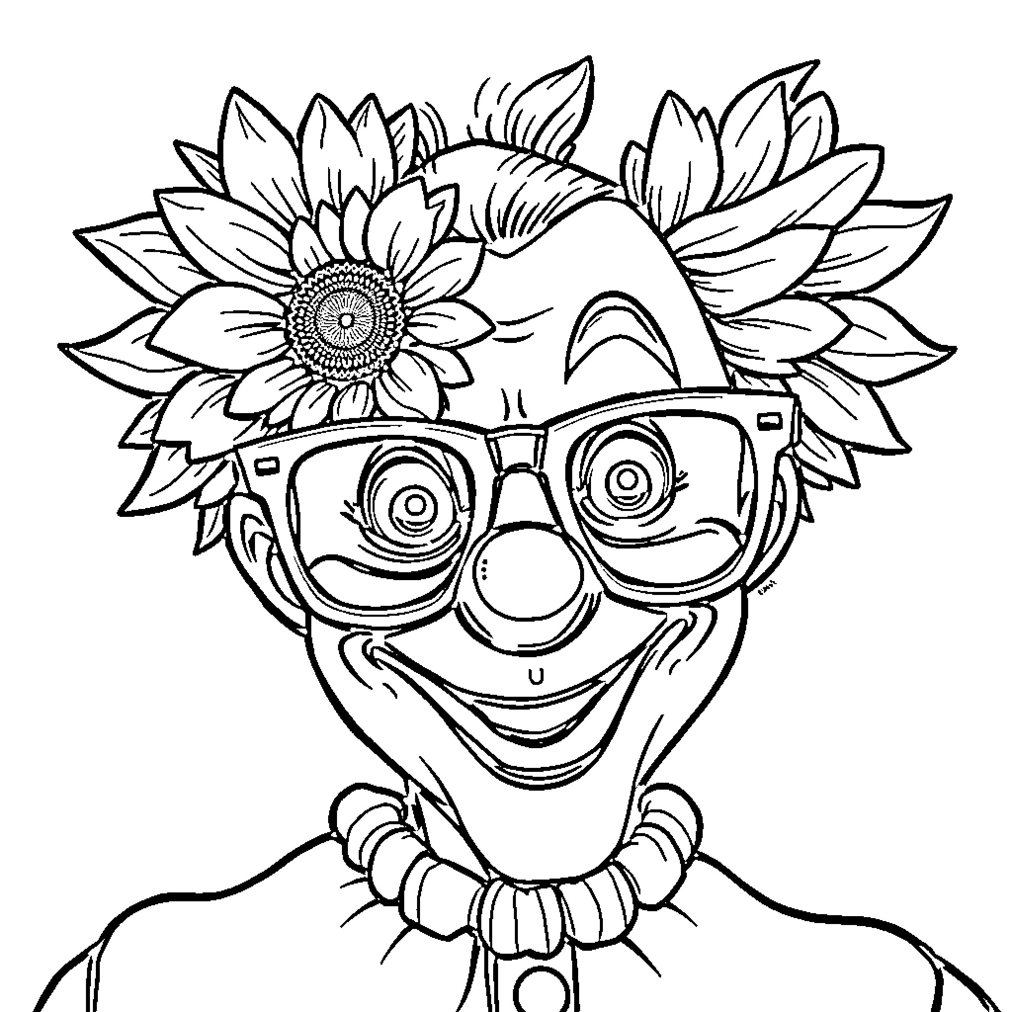Clown with Sunflower Headdress and Glasses Coloring Page (free black-and-white line drawing printable PDF for all, from beginners to advanced learners, including children, teens, adults, and seniors)