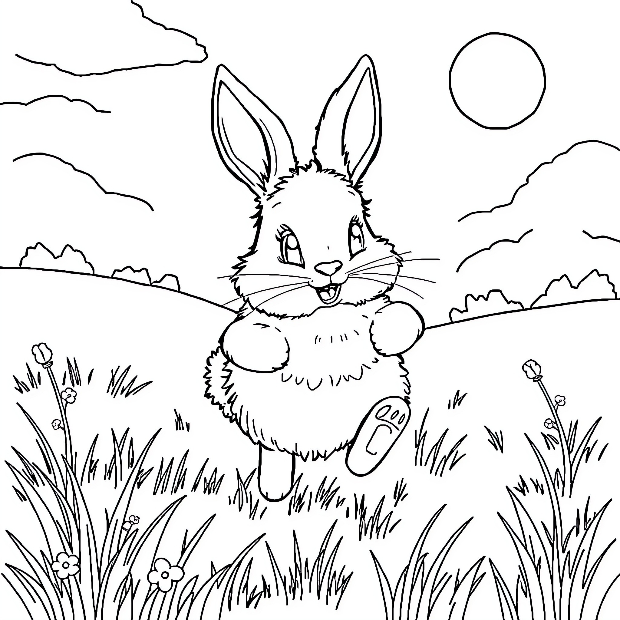 Bunny hopping through a grassy field under the moon Coloring Page (free black-and-white line drawing printable PDF for all, from beginners to advanced learners, including children, teens, adults, and seniors)