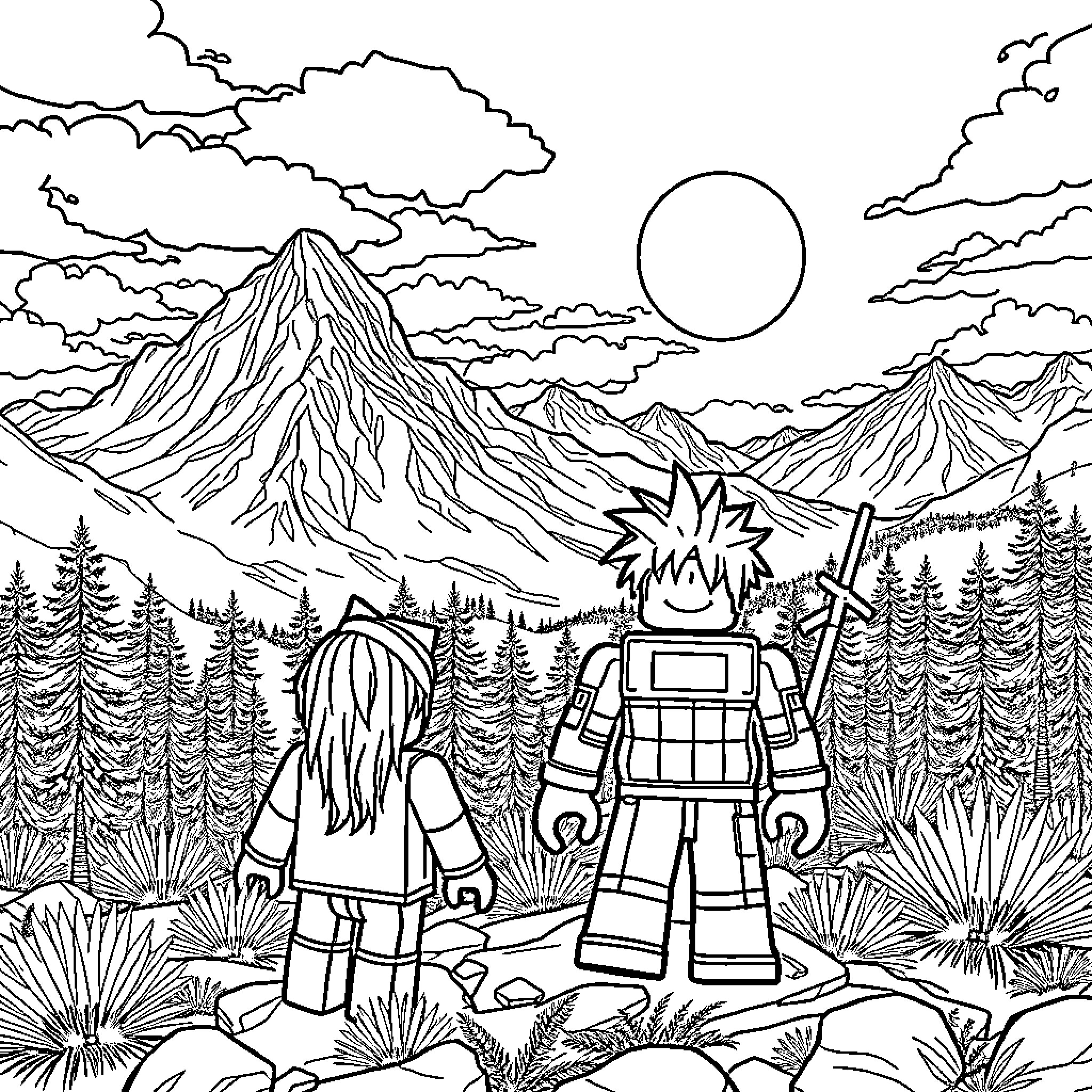 Roblox characters exploring vast mountain landscape Coloring Page (free black-and-white line drawing printable PDF for all, from beginners to advanced learners, including children, teens, adults, and seniors)