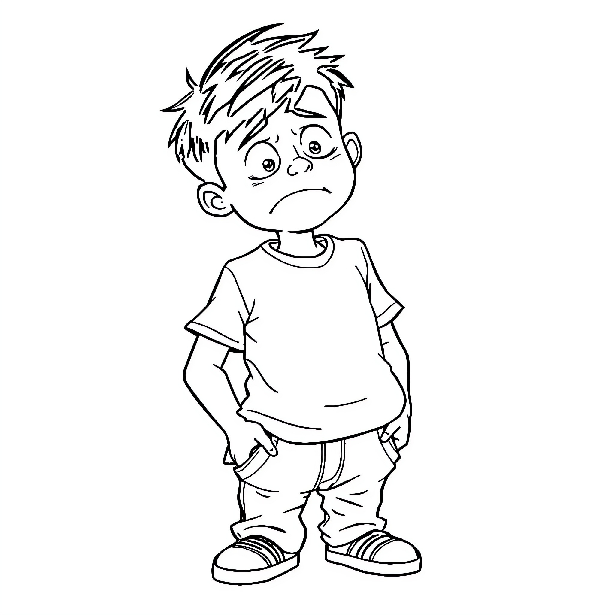 Boy feeling upset and frustrated Coloring Page (free black-and-white line drawing printable PDF for all, from beginners to advanced learners, including children, teens, adults, and seniors)