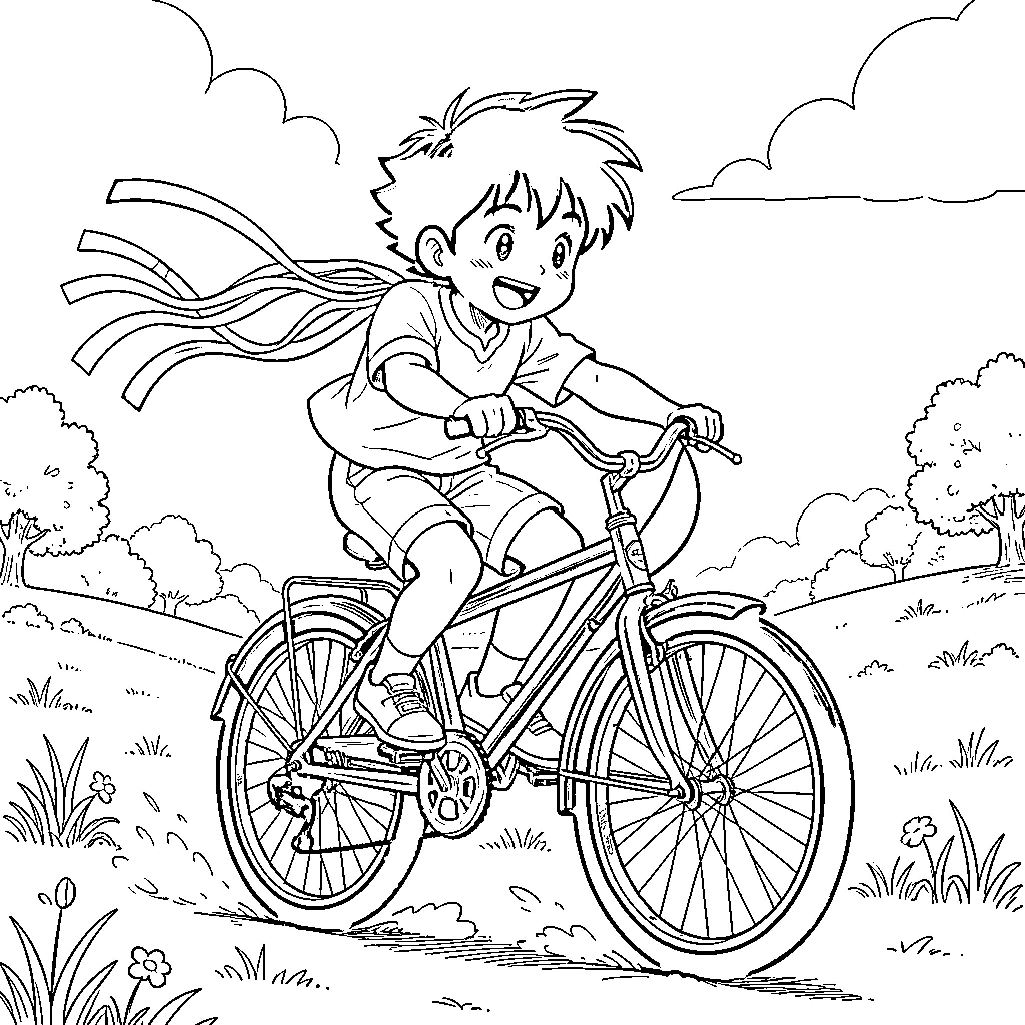 Boy riding bicycle joyfully in nature Coloring Page (free black-and-white line drawing printable PDF for all, from beginners to advanced learners, including children, teens, adults, and seniors)