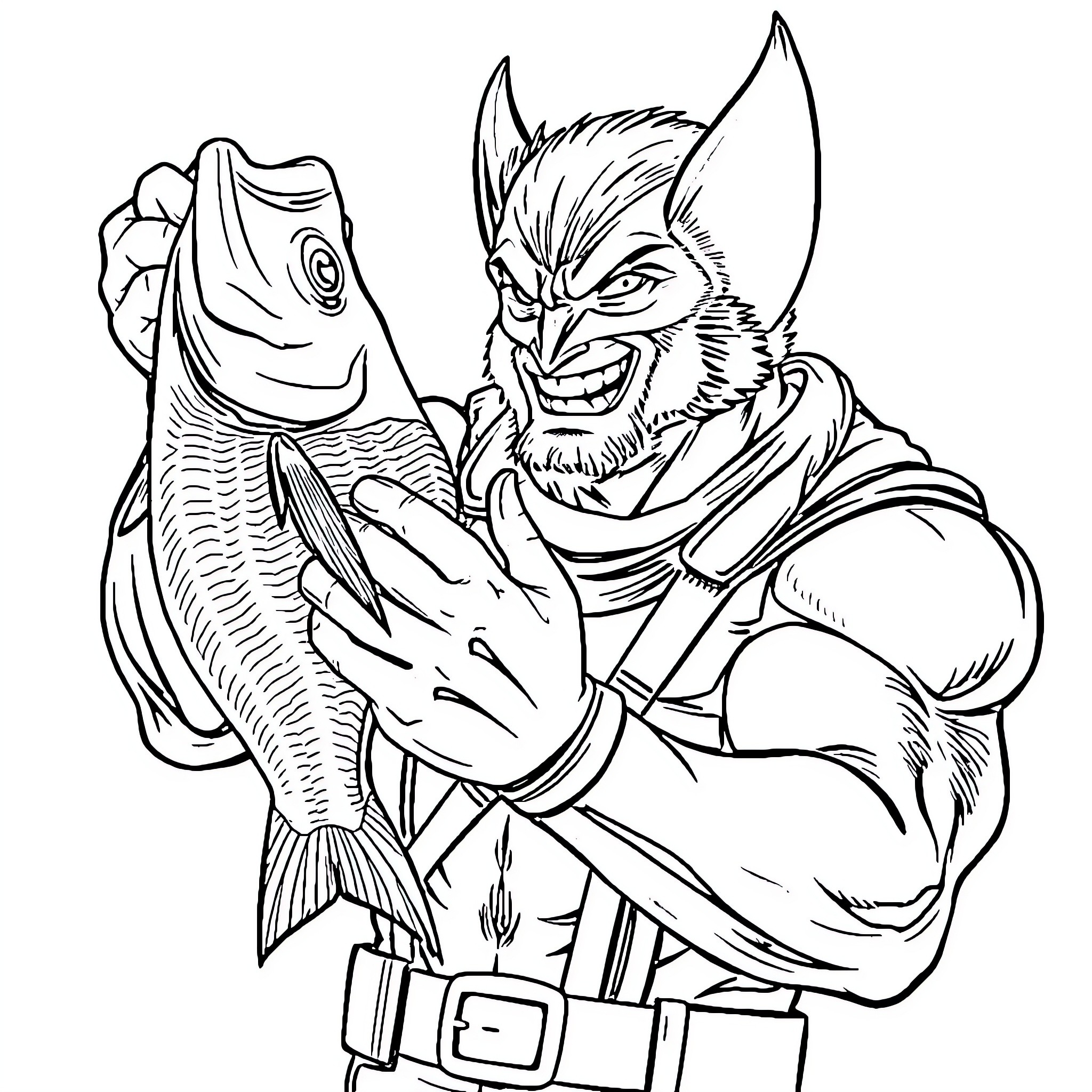 Wolverine's Fierce Fishing Adventure Coloring Page (free black-and-white line drawing printable PDF for all, from beginners to advanced learners, including children, teens, adults, and seniors)