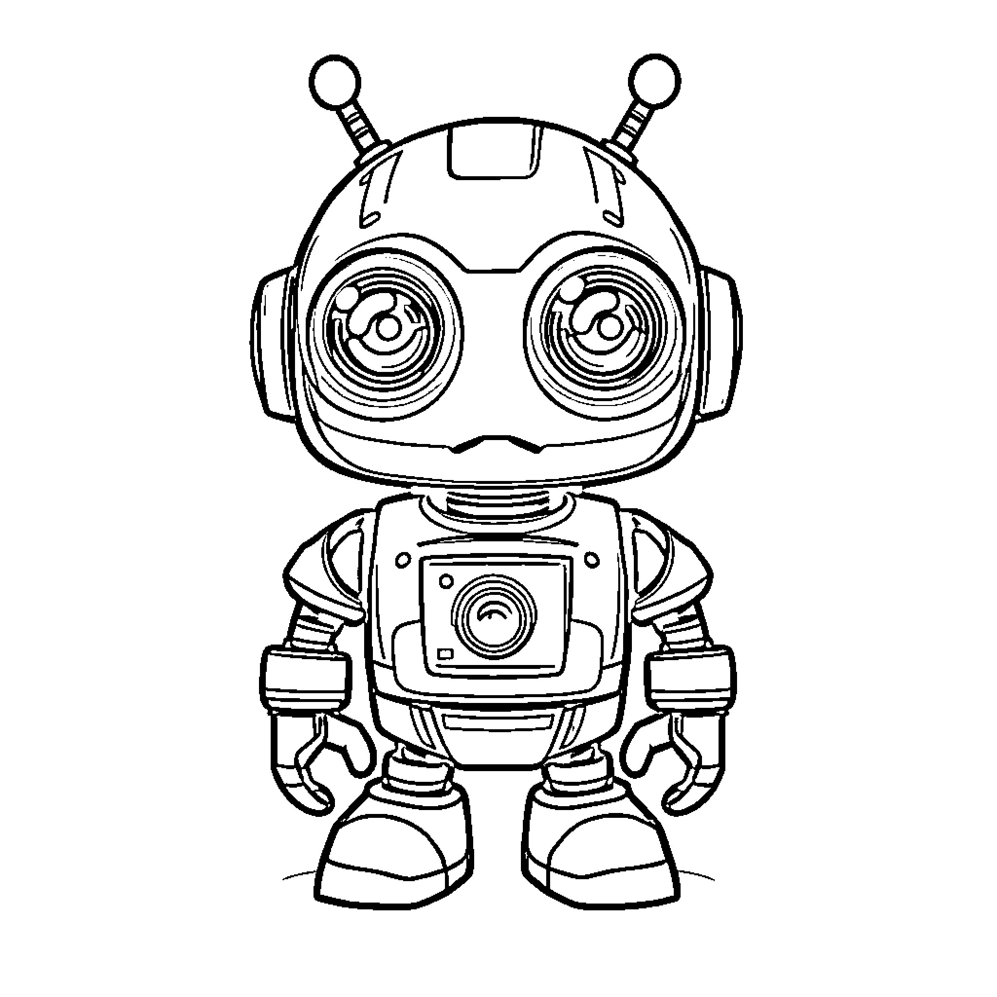 Robot with Expressive Features and Mechanical Design Coloring Page (free black-and-white line drawing printable PDF for all, from beginners to advanced learners, including children, teens, adults, and seniors)