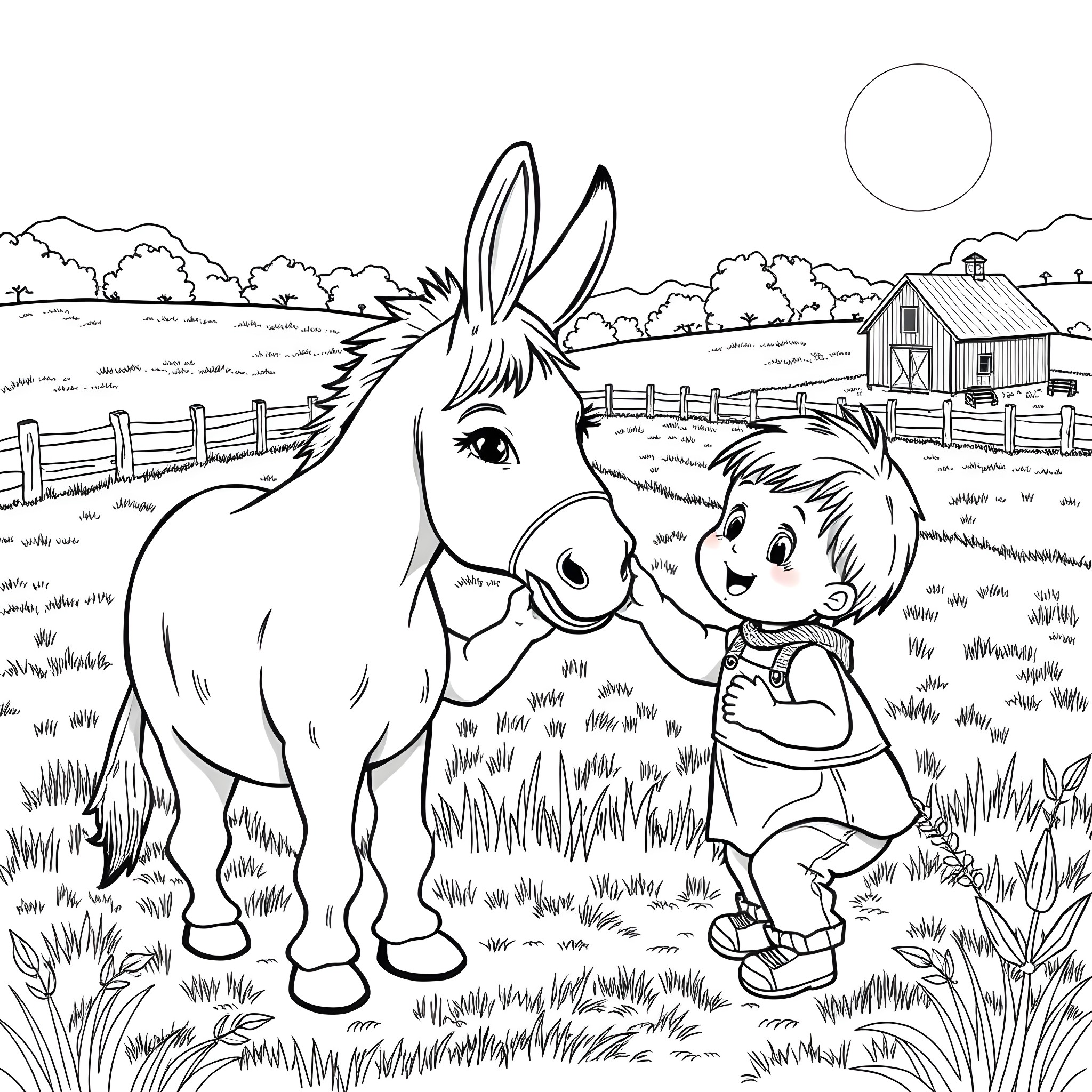 Donkey and child in a farm landscape Coloring Page (free black-and-white line drawing printable PDF for all, from beginners to advanced learners, including children, teens, adults, and seniors)