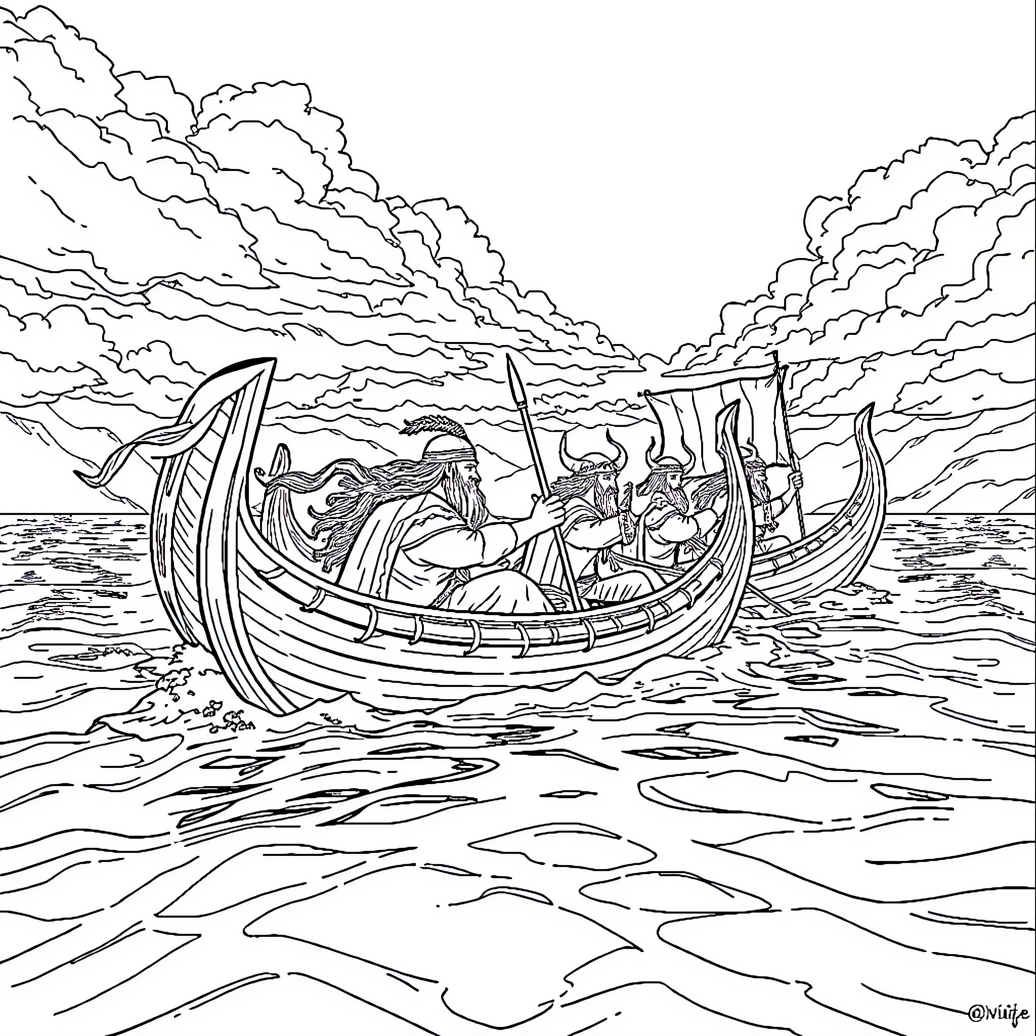 Viking warriors sailing on stormy seas Coloring Page (free black-and-white line drawing printable PDF for all, from beginners to advanced learners, including children, teens, adults, and seniors)