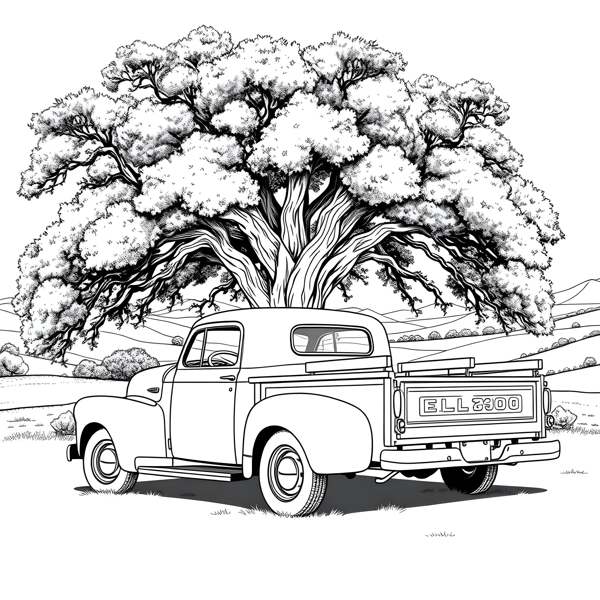 Truck parked under the iconic tree Coloring Page (free black-and-white line drawing printable PDF for all, from beginners to advanced learners, including children, teens, adults, and seniors)