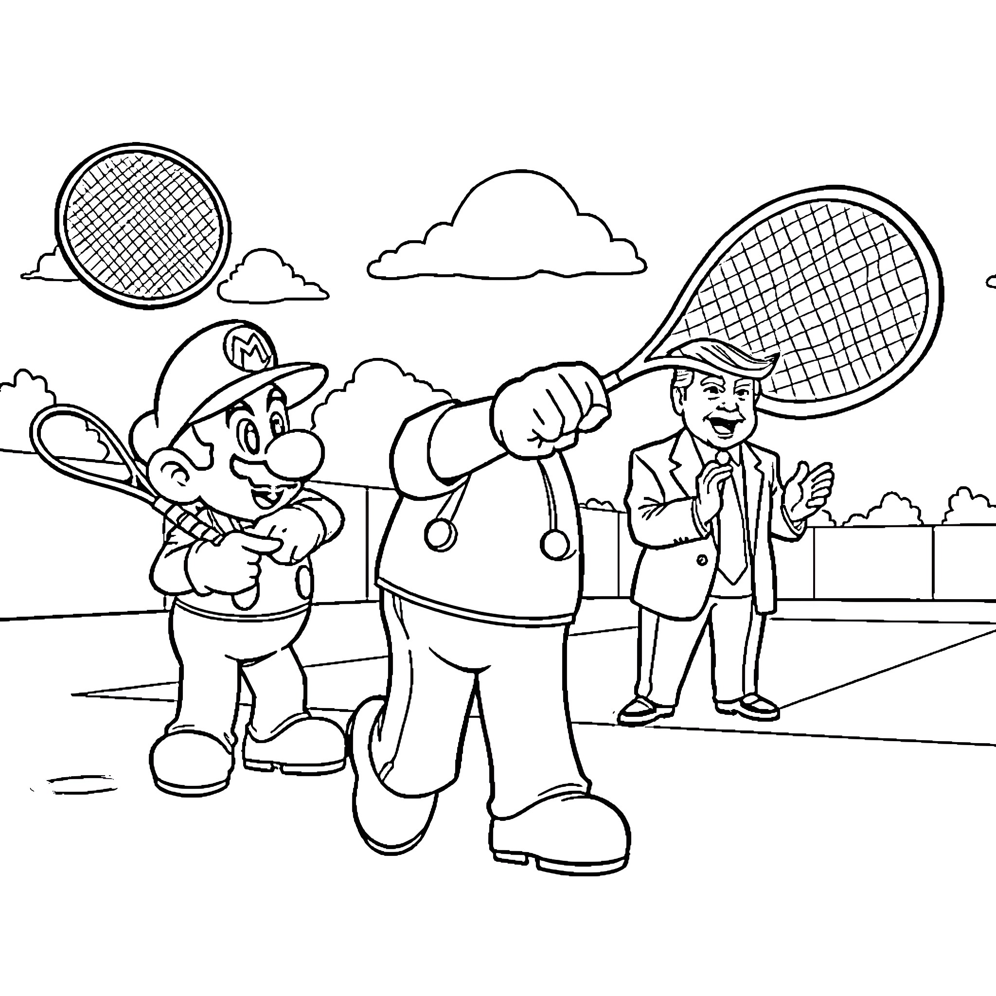 Super Mario Playing Tennis with Friends Coloring Page (free black-and-white line drawing printable PDF for all, from beginners to advanced learners, including children, teens, adults, and seniors)