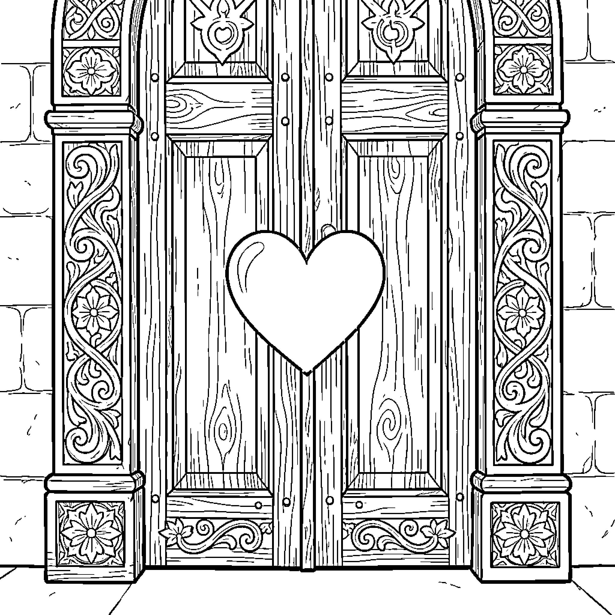 Door to a Heart-Shaped Haven Coloring Page (free black-and-white line drawing printable PDF for all, from beginners to advanced learners, including children, teens, adults, and seniors)