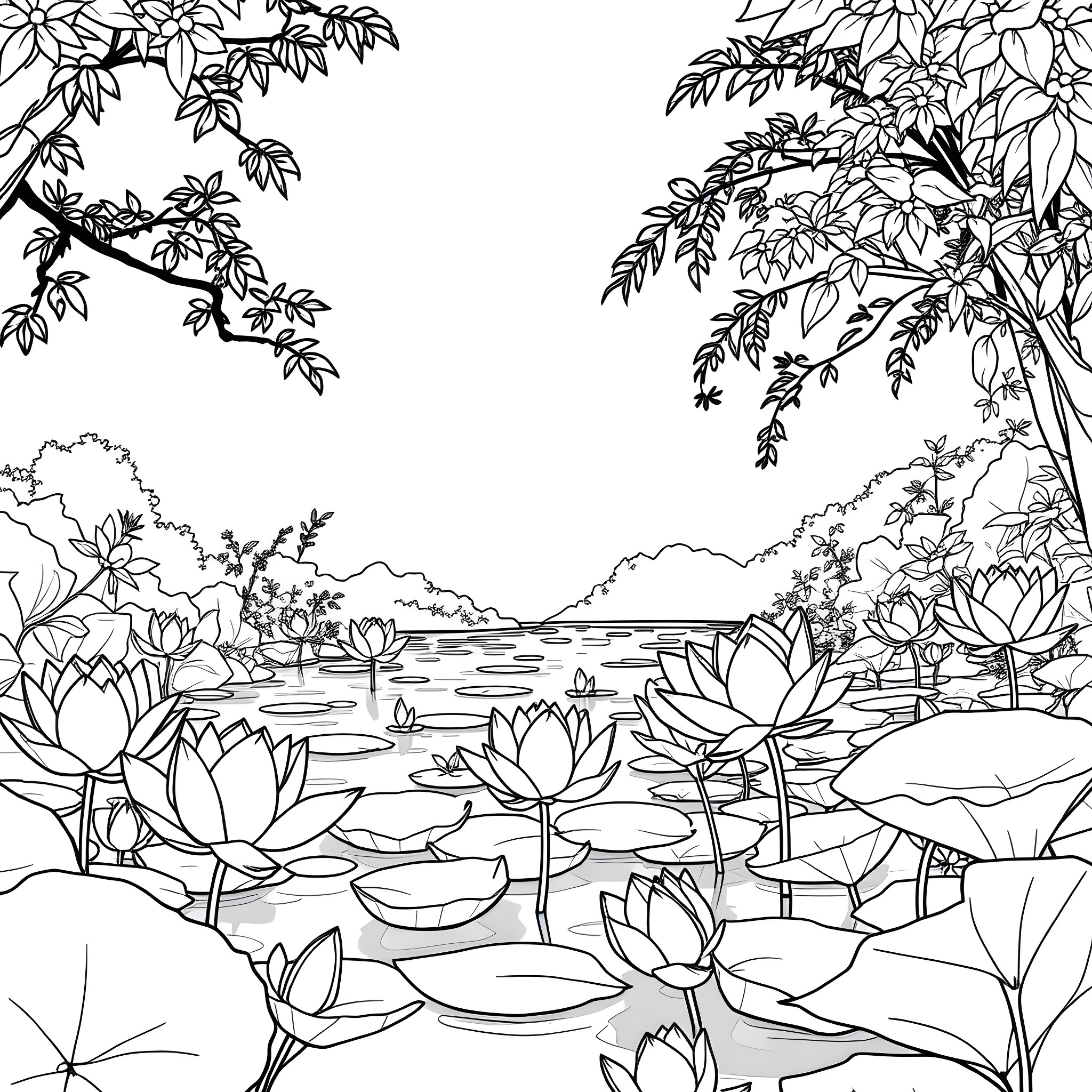 Lotus Pond Landscape with Blooming Flowers Coloring Page (free black-and-white line drawing printable PDF for all, from beginners to advanced learners, including children, teens, adults, and seniors)