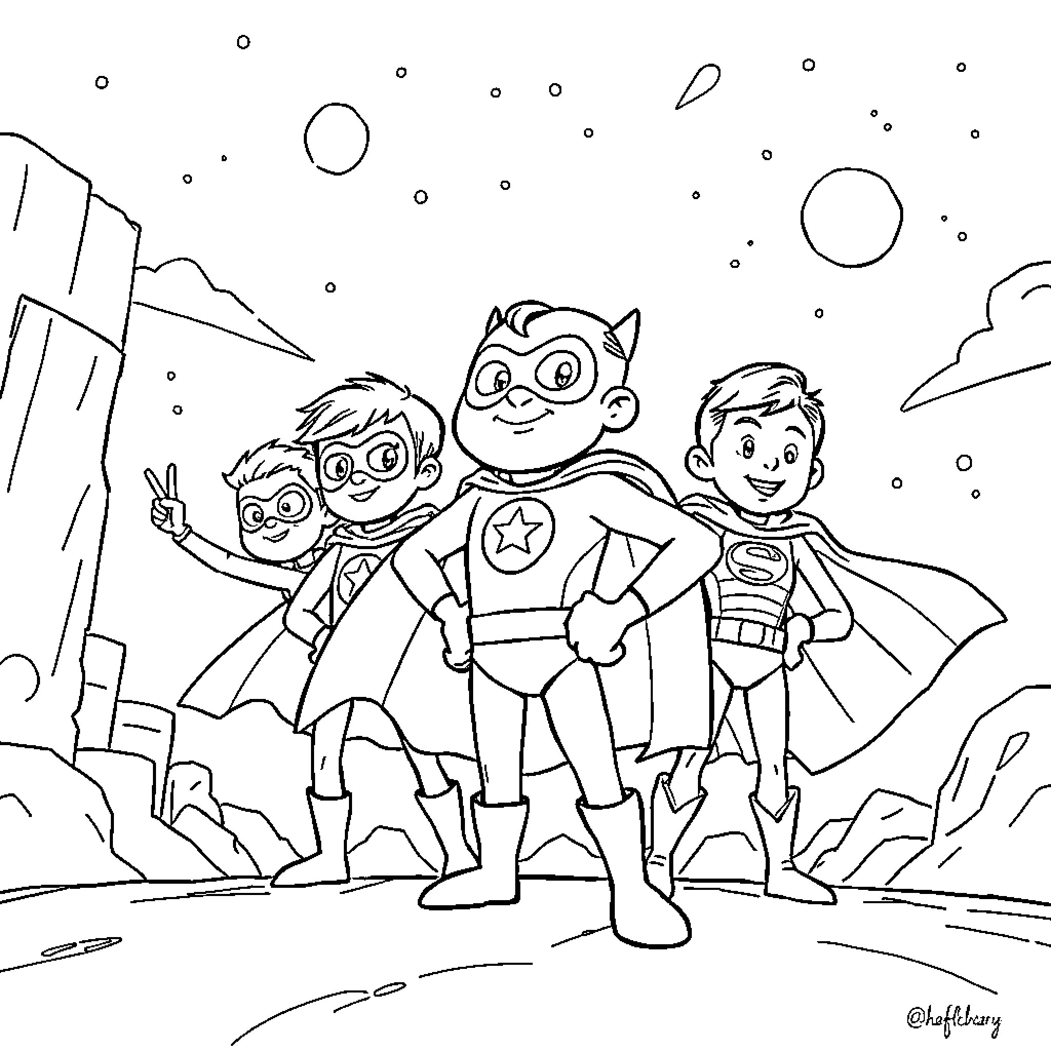 Speedy superheroes saving the day Coloring Page (free black-and-white line drawing printable PDF for all, from beginners to advanced learners, including children, teens, adults, and seniors)