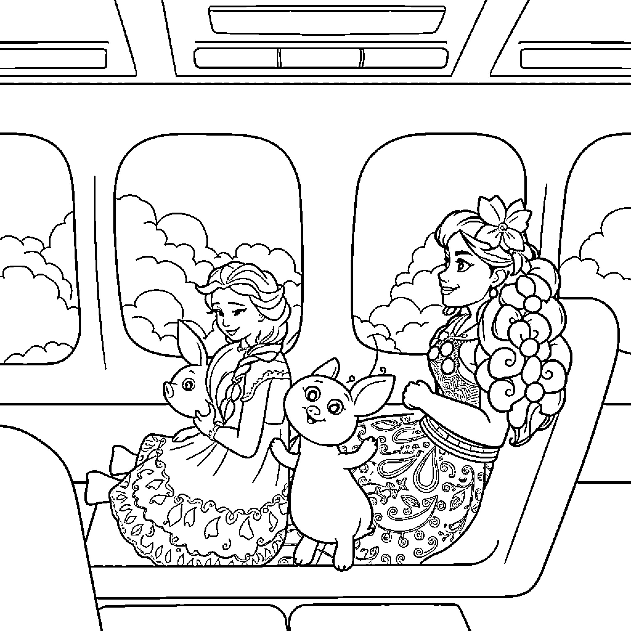 Moana and her animal companions on a journey Coloring Page (free black-and-white line drawing printable PDF for all, from beginners to advanced learners, including children, teens, adults, and seniors)
