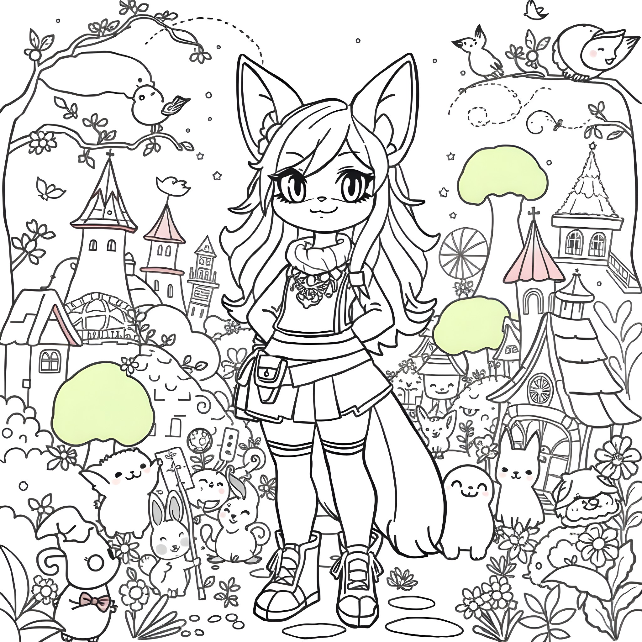 Aphmau's Magical Adventure in a Whimsical Wonderland Coloring Page (free black-and-white line drawing printable PDF for all, from beginners to advanced learners, including children, teens, adults, and seniors)