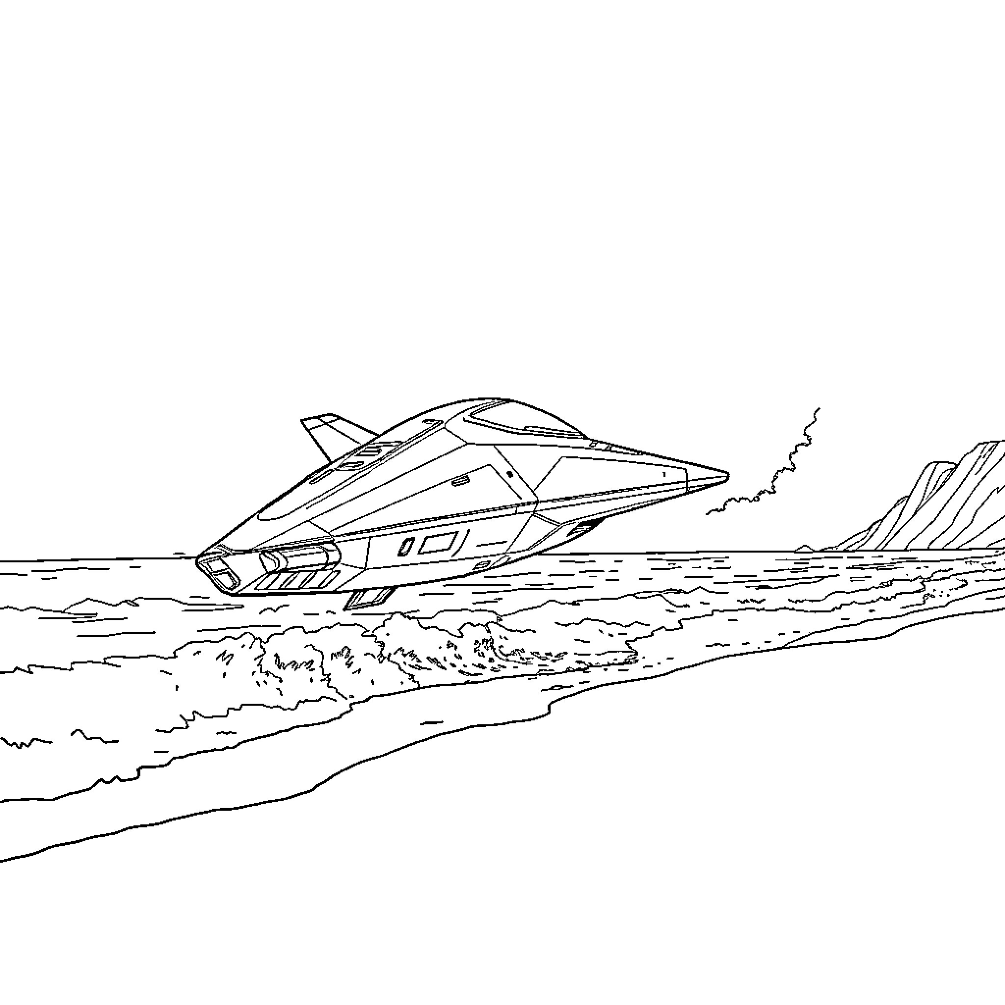Space Ship gliding over a watery landscape Coloring Page (free black-and-white line drawing printable PDF for all, from beginners to advanced learners, including children, teens, adults, and seniors)