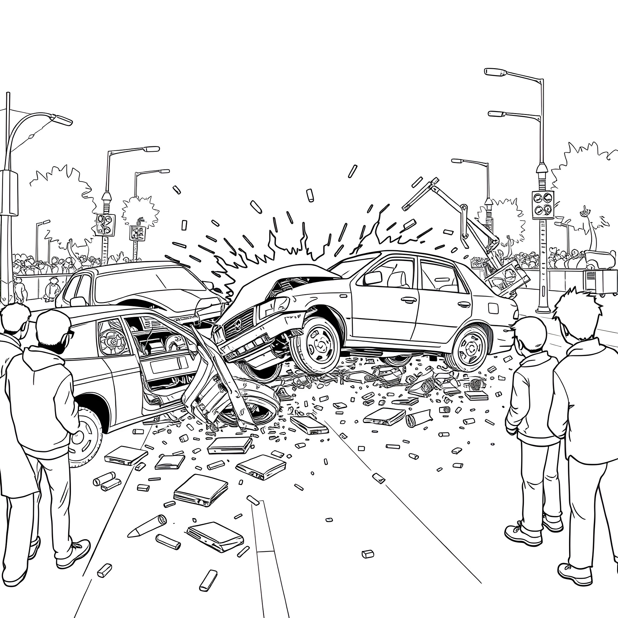 Car Accident Scene with Debris and Bystanders Coloring Page (free black-and-white line drawing printable PDF for all, from beginners to advanced learners, including children, teens, adults, and seniors)