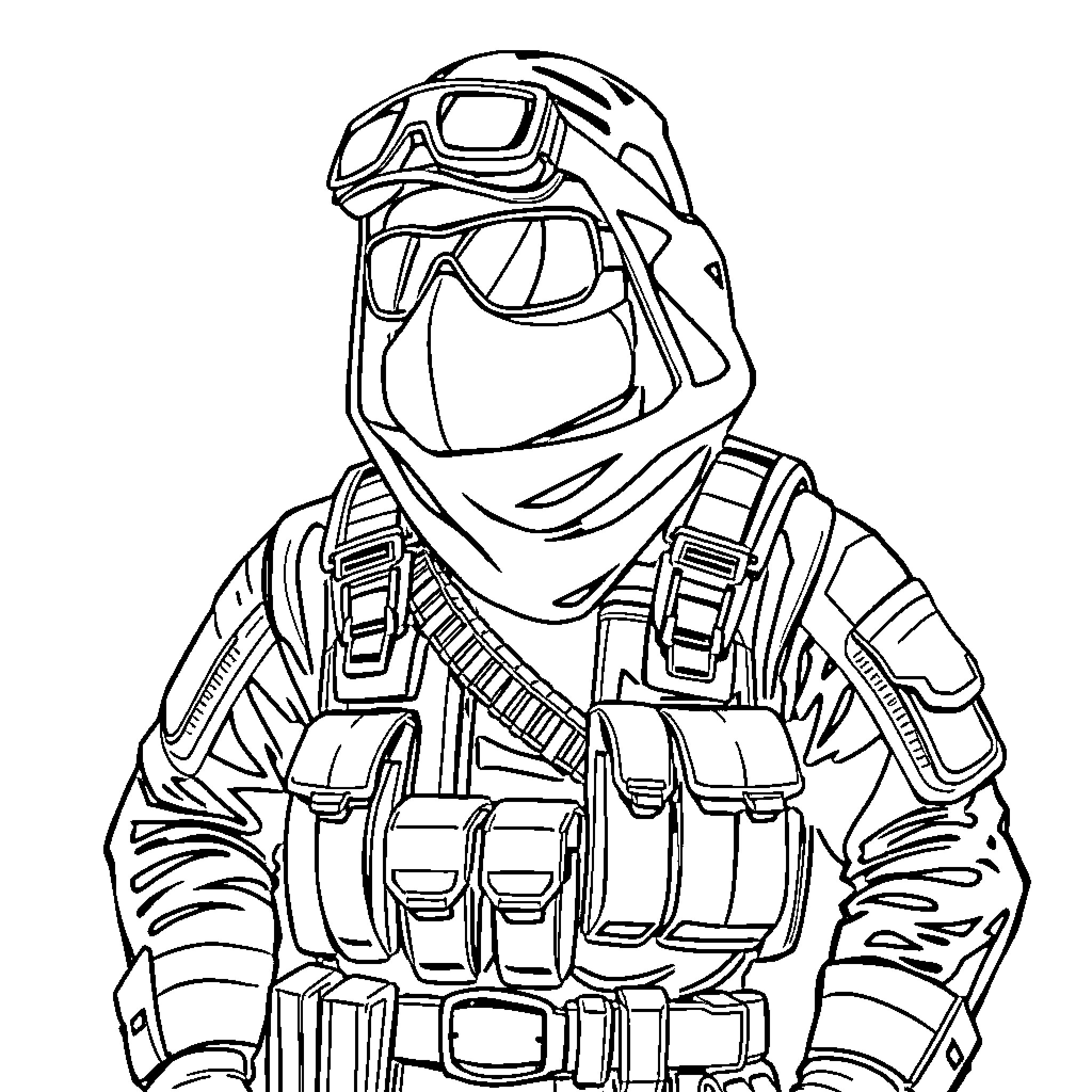 Bandit in Protective Tactical Gear Coloring Page (free black-and-white line drawing printable PDF for all, from beginners to advanced learners, including children, teens, adults, and seniors)