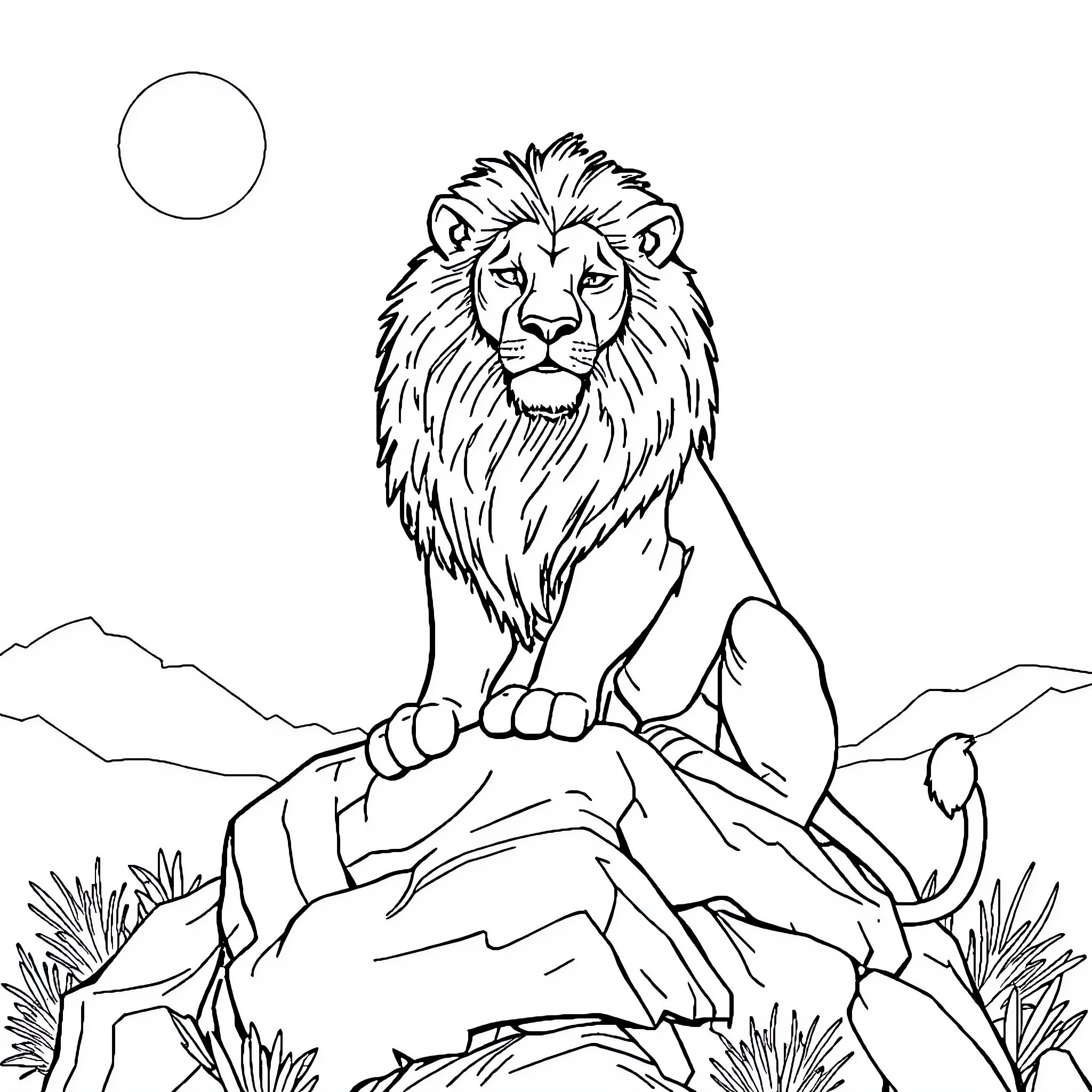 Lion standing proudly on a rocky outcrop Coloring Page (free black-and-white line drawing printable PDF for all, from beginners to advanced learners, including children, teens, adults, and seniors)