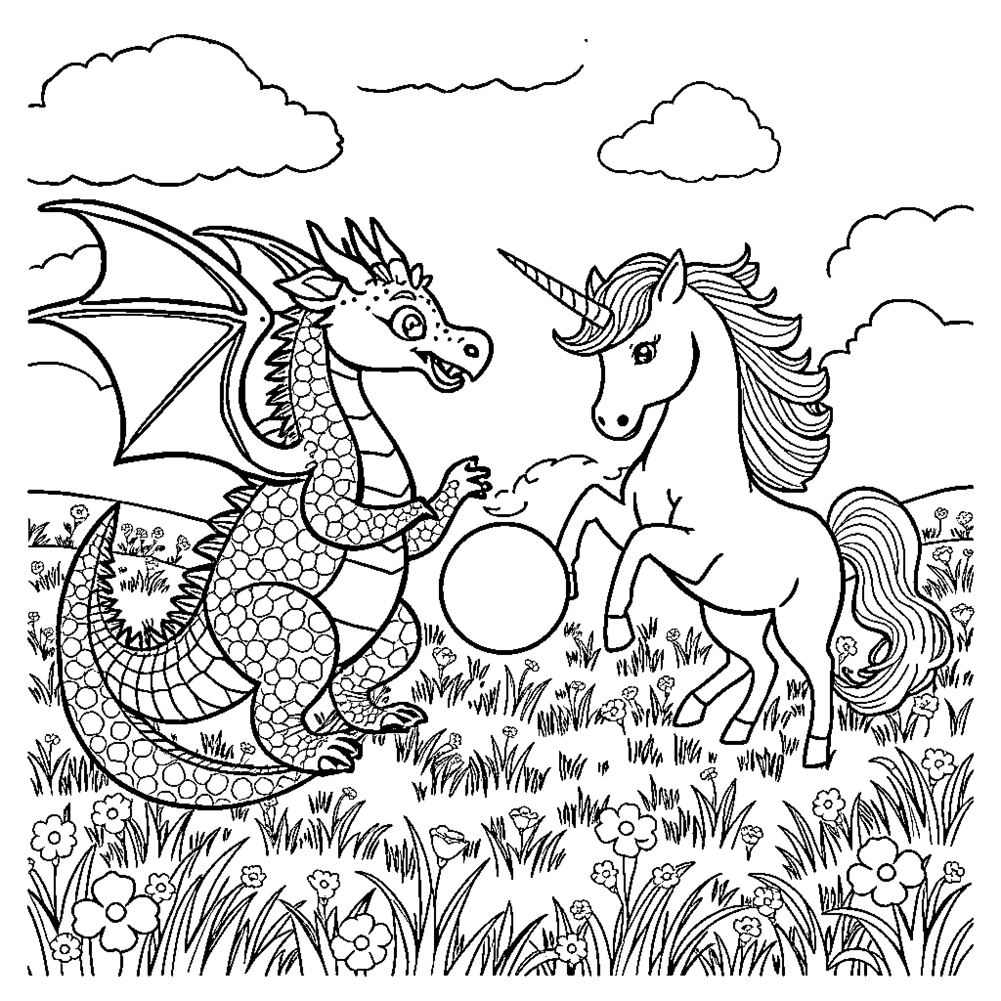 Dragon and Unicorn Interacting in Grassy Field Coloring Page (free black-and-white line drawing printable PDF for all, from beginners to advanced learners, including children, teens, adults, and seniors)