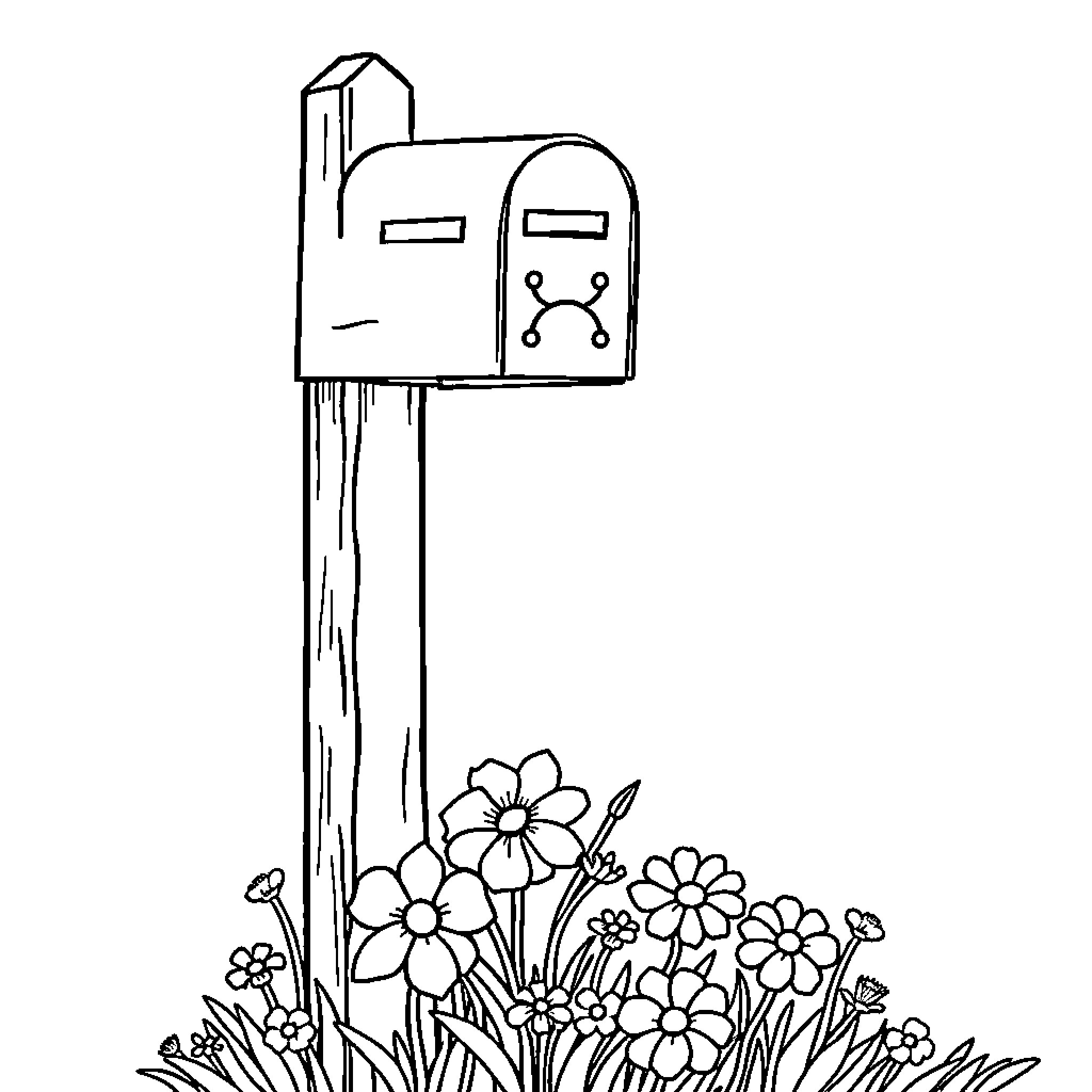 Mailbox surrounded by flowers on the lawn Coloring Page (free black-and-white line drawing printable PDF for all, from beginners to advanced learners, including children, teens, adults, and seniors)