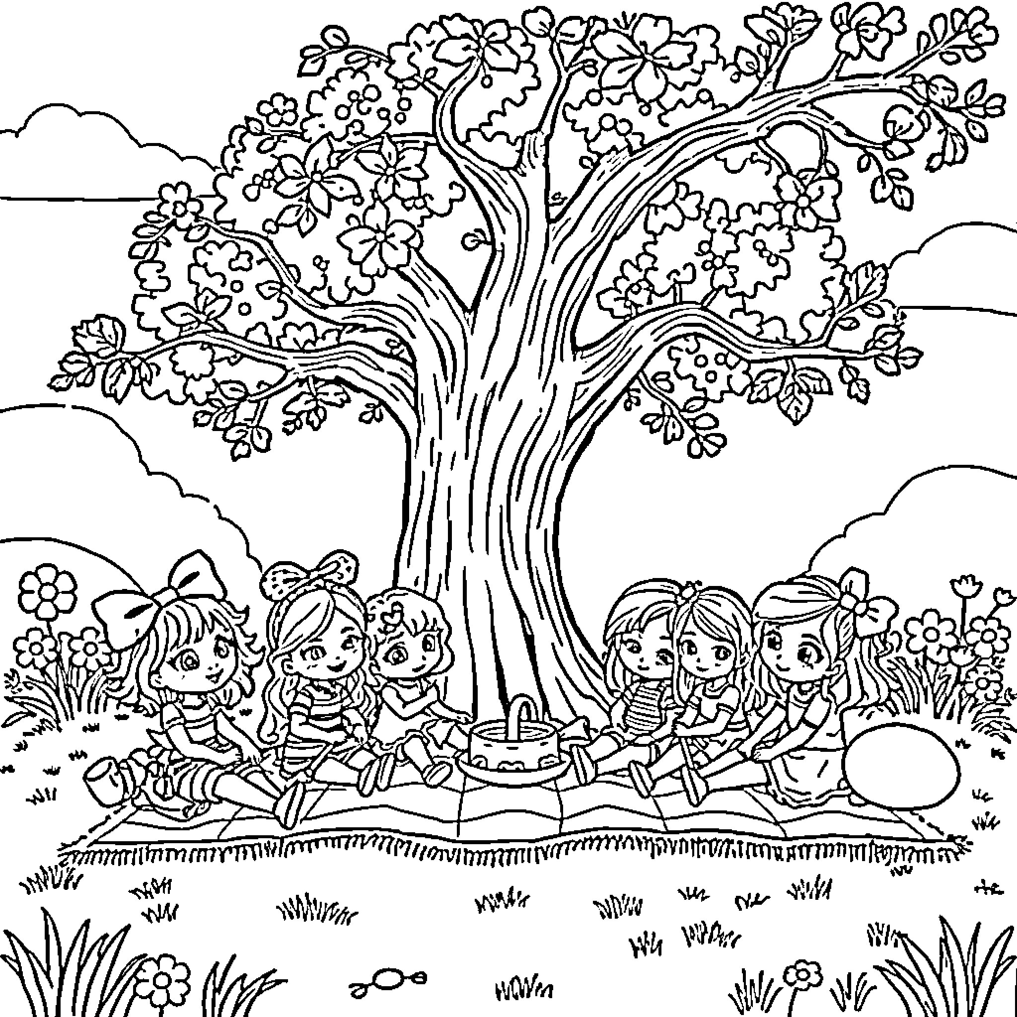 Doll Children Playing Happily Under Blooming Tree Coloring Page (free black-and-white line drawing printable PDF for all, from beginners to advanced learners, including children, teens, adults, and seniors)