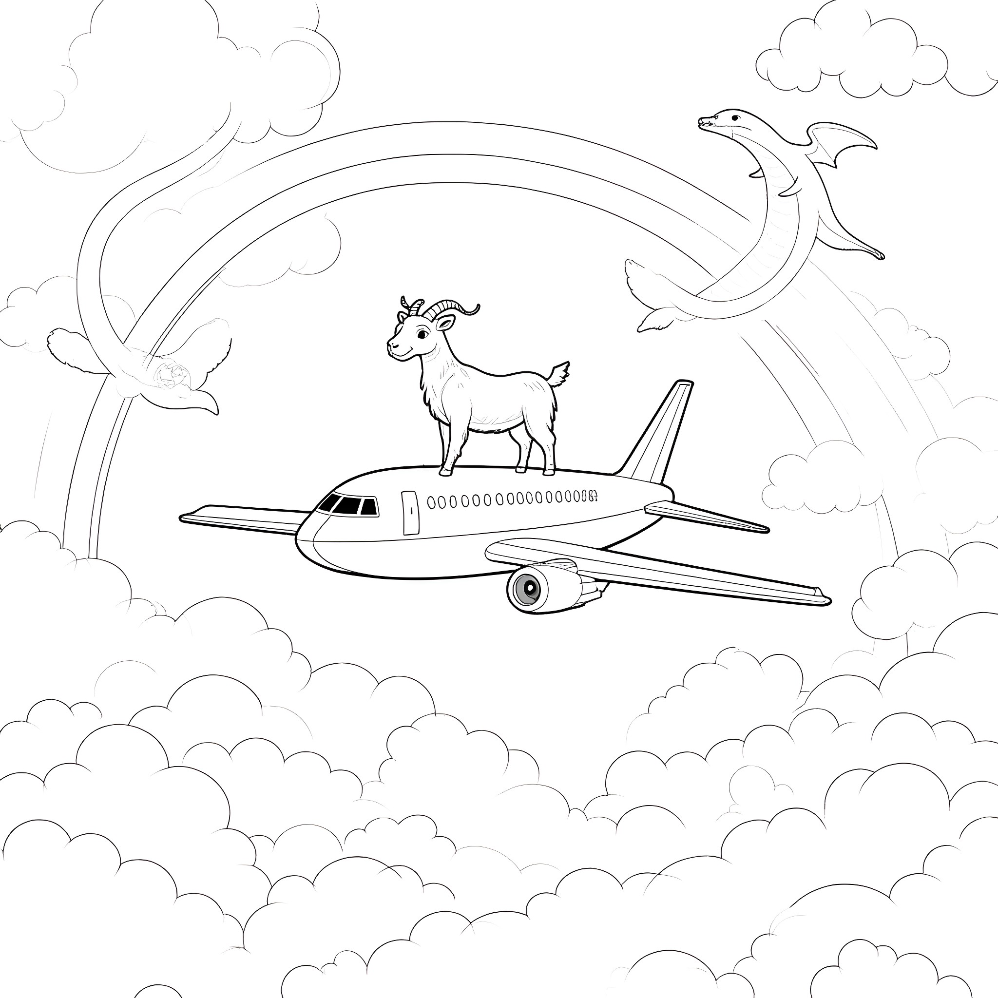 Airplane soaring through clouds with animals Coloring Page (free black-and-white line drawing printable PDF for all, from beginners to advanced learners, including children, teens, adults, and seniors)