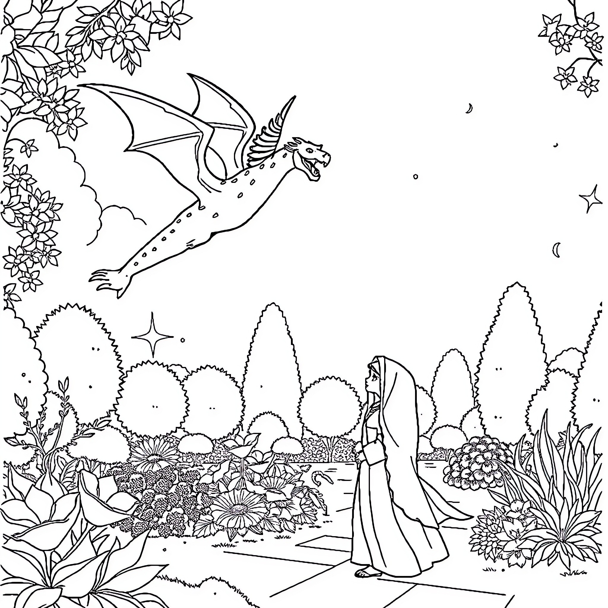 Dragon soaring through mystical fantasy landscape Coloring Page (free black-and-white line drawing printable PDF for all, from beginners to advanced learners, including children, teens, adults, and seniors)