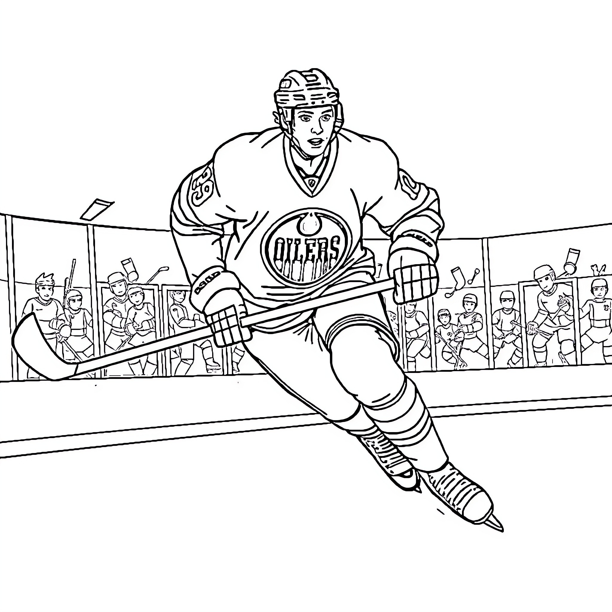 Oiler hockey player in action on the ice Coloring Page (free black-and-white line drawing printable PDF for all, from beginners to advanced learners, including children, teens, adults, and seniors)