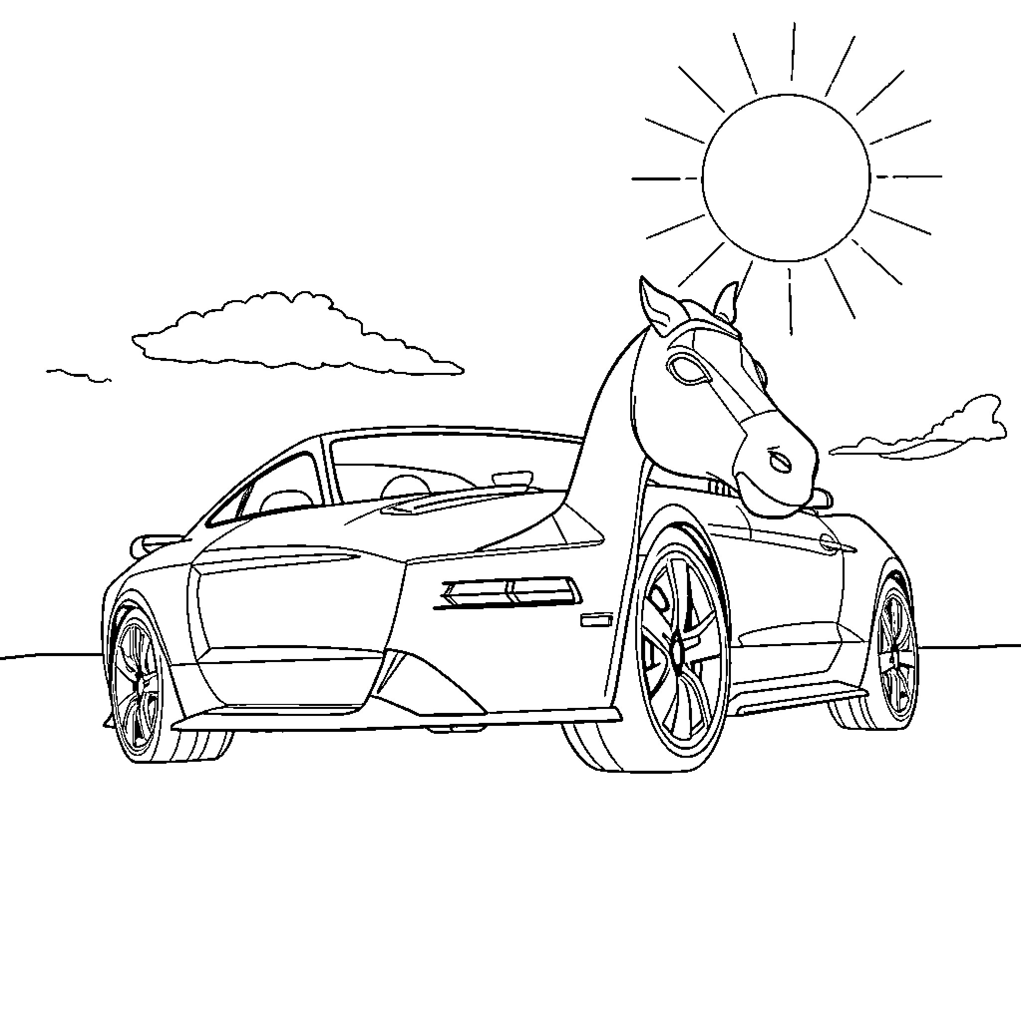 Mustang car in sunny landscape Coloring Page (free black-and-white line drawing printable PDF for all, from beginners to advanced learners, including children, teens, adults, and seniors)