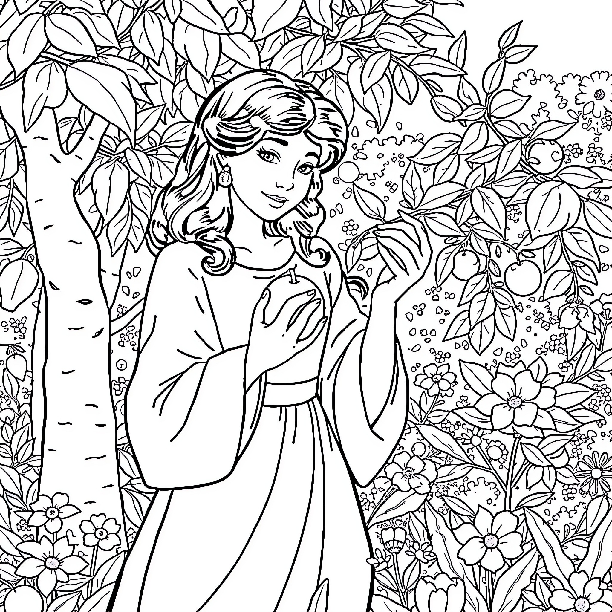 Snow White in a Floral Wonderland Coloring Page (free black-and-white line drawing printable PDF for all, from beginners to advanced learners, including children, teens, adults, and seniors)