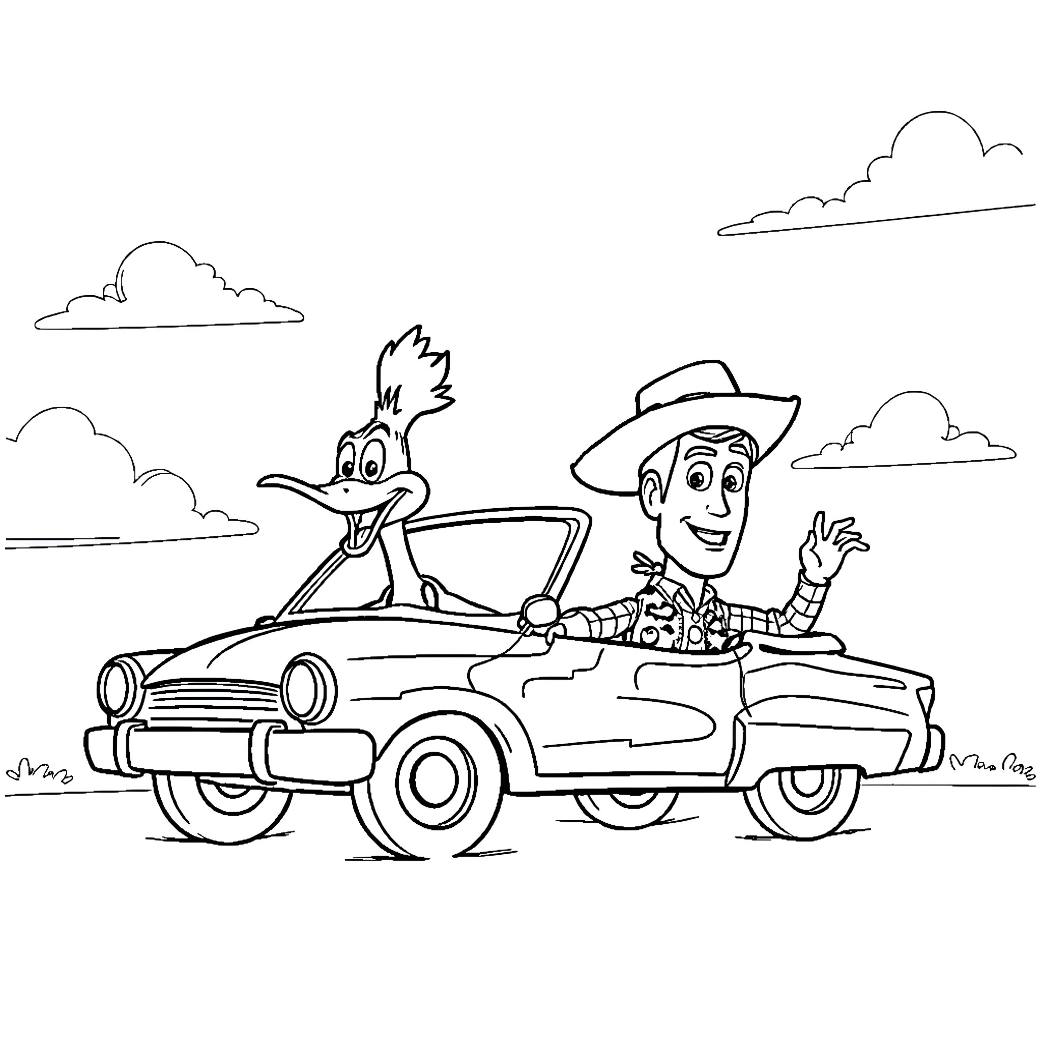 Woody's Joyride in Vintage Car Coloring Page (free black-and-white line drawing printable PDF for all, from beginners to advanced learners, including children, teens, adults, and seniors)