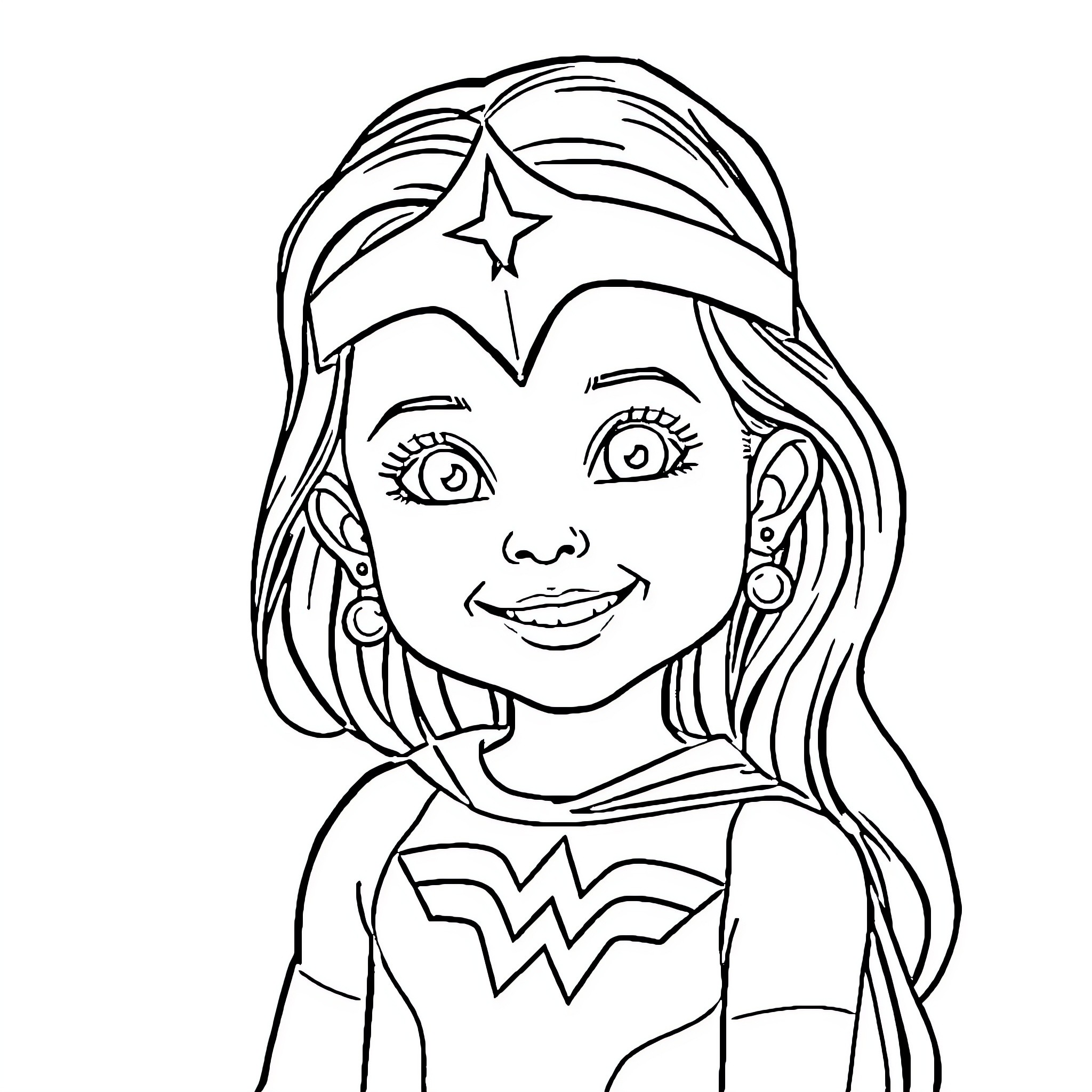 Wonder Woman Superhero Smiling Cheerfully Coloring Page (free black-and-white line drawing printable PDF for all, from beginners to advanced learners, including children, teens, adults, and seniors)