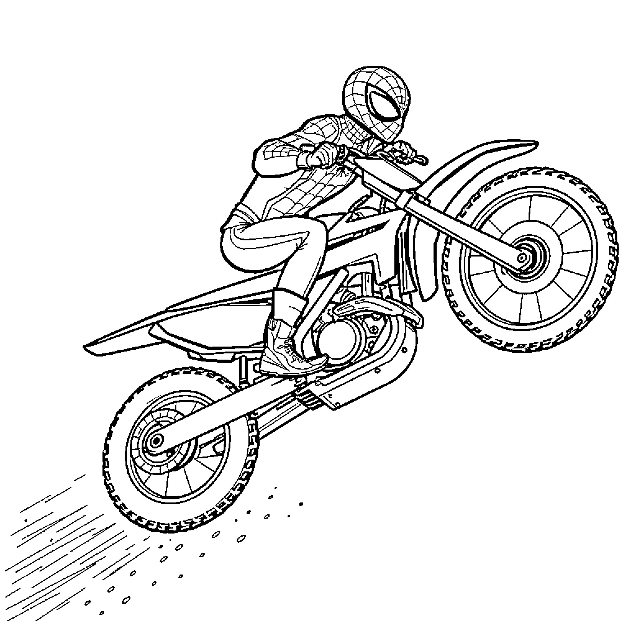 Spiderman riding a high-speed motorcycle stunt Coloring Page (free black-and-white line drawing printable PDF for all, from beginners to advanced learners, including children, teens, adults, and seniors)