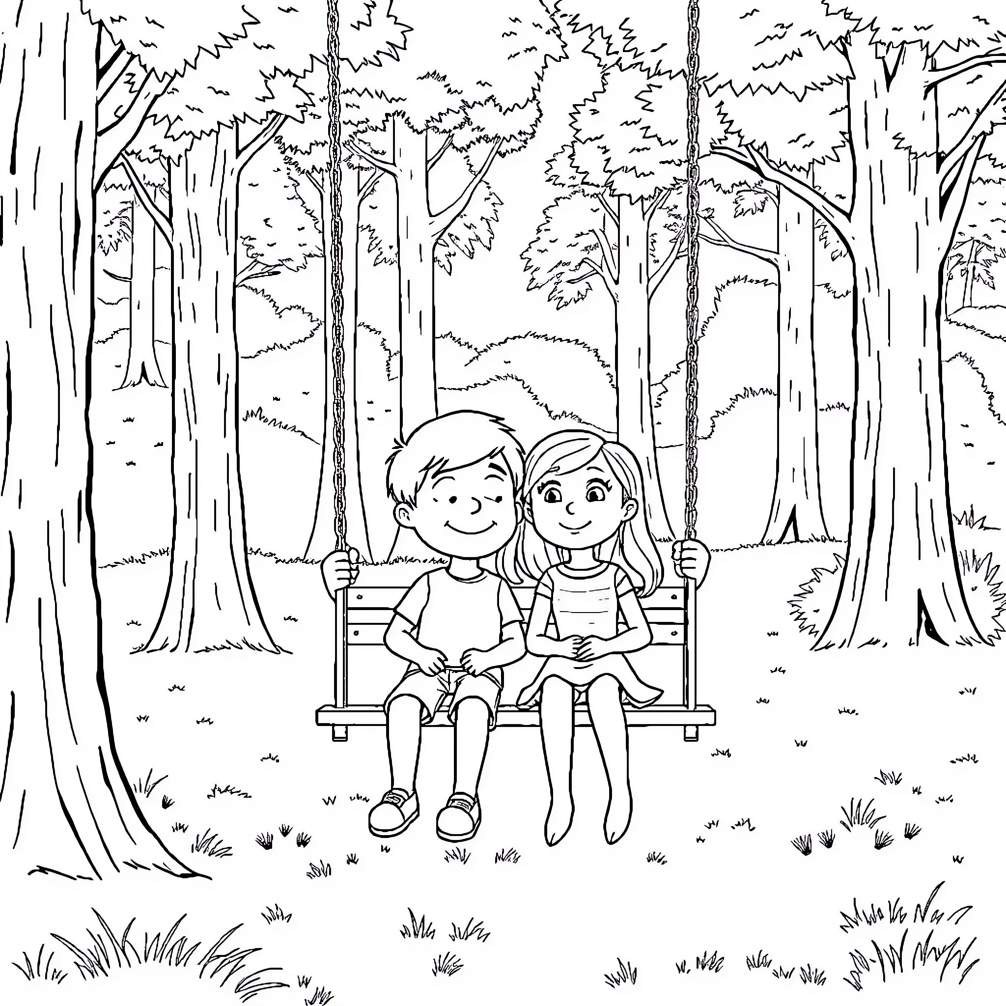Carl and Ellie enjoying a peaceful moment on a park bench Coloring Page (free black-and-white line drawing printable PDF for all, from beginners to advanced learners, including children, teens, adults, and seniors)