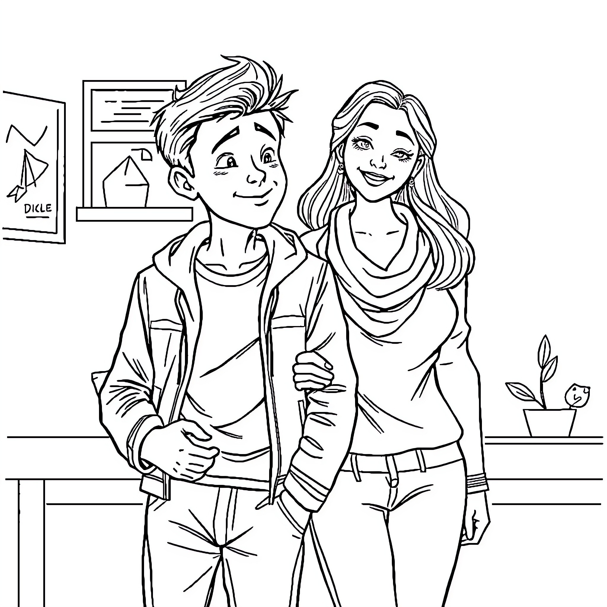 Body Swap: Youthful Pair Embrace in Casual Attire Coloring Page (free black-and-white line drawing printable PDF for all, from beginners to advanced learners, including children, teens, adults, and seniors)