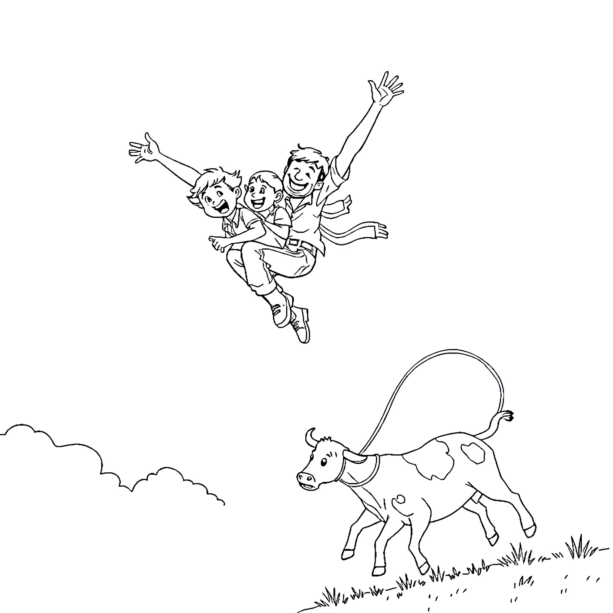 Dad and kids jumping for joy in the field Coloring Page (free black-and-white line drawing printable PDF for all, from beginners to advanced learners, including children, teens, adults, and seniors)