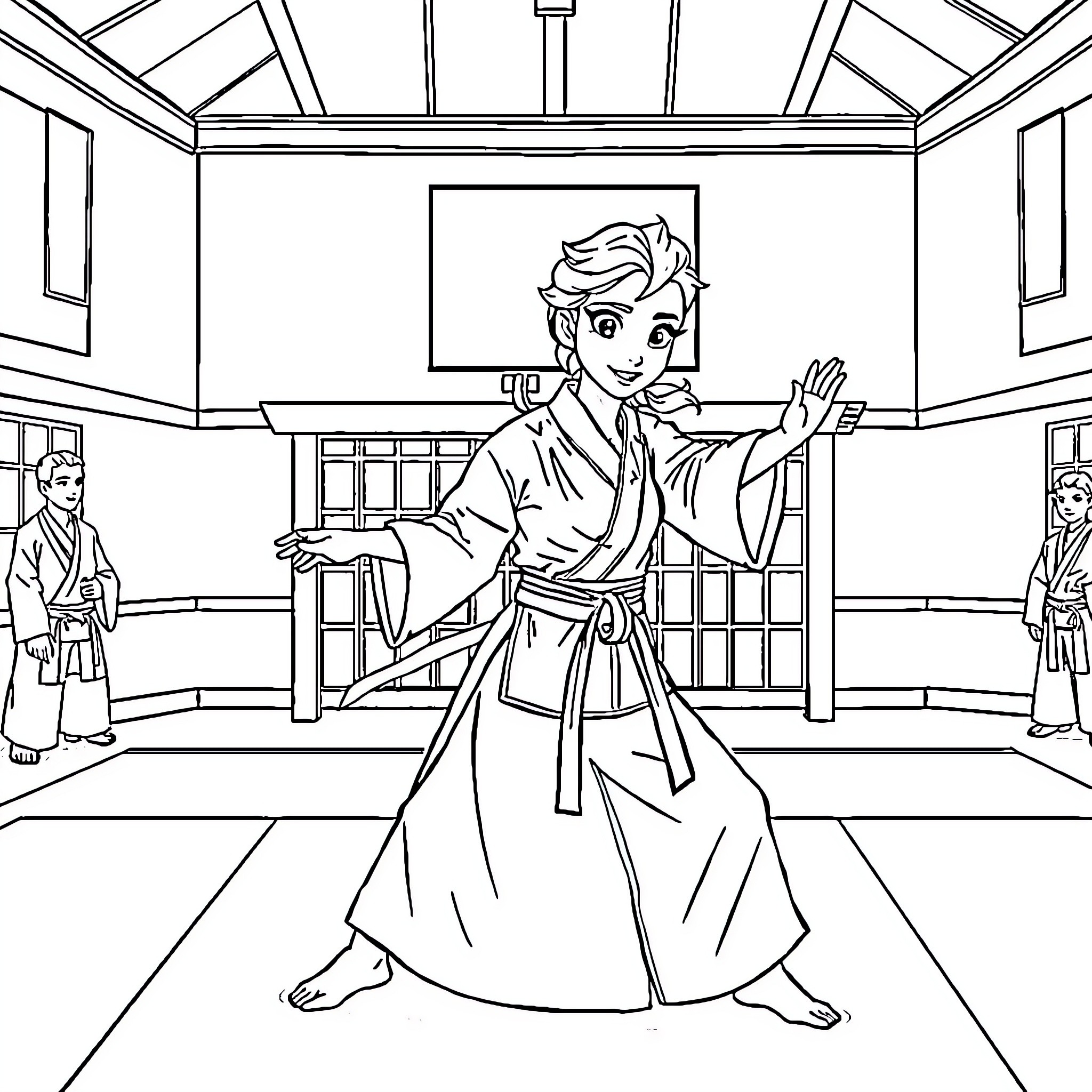 Elsa practicing martial arts in a traditional Japanese dojo Coloring Page (free black-and-white line drawing printable PDF for all, from beginners to advanced learners, including children, teens, adults, and seniors)