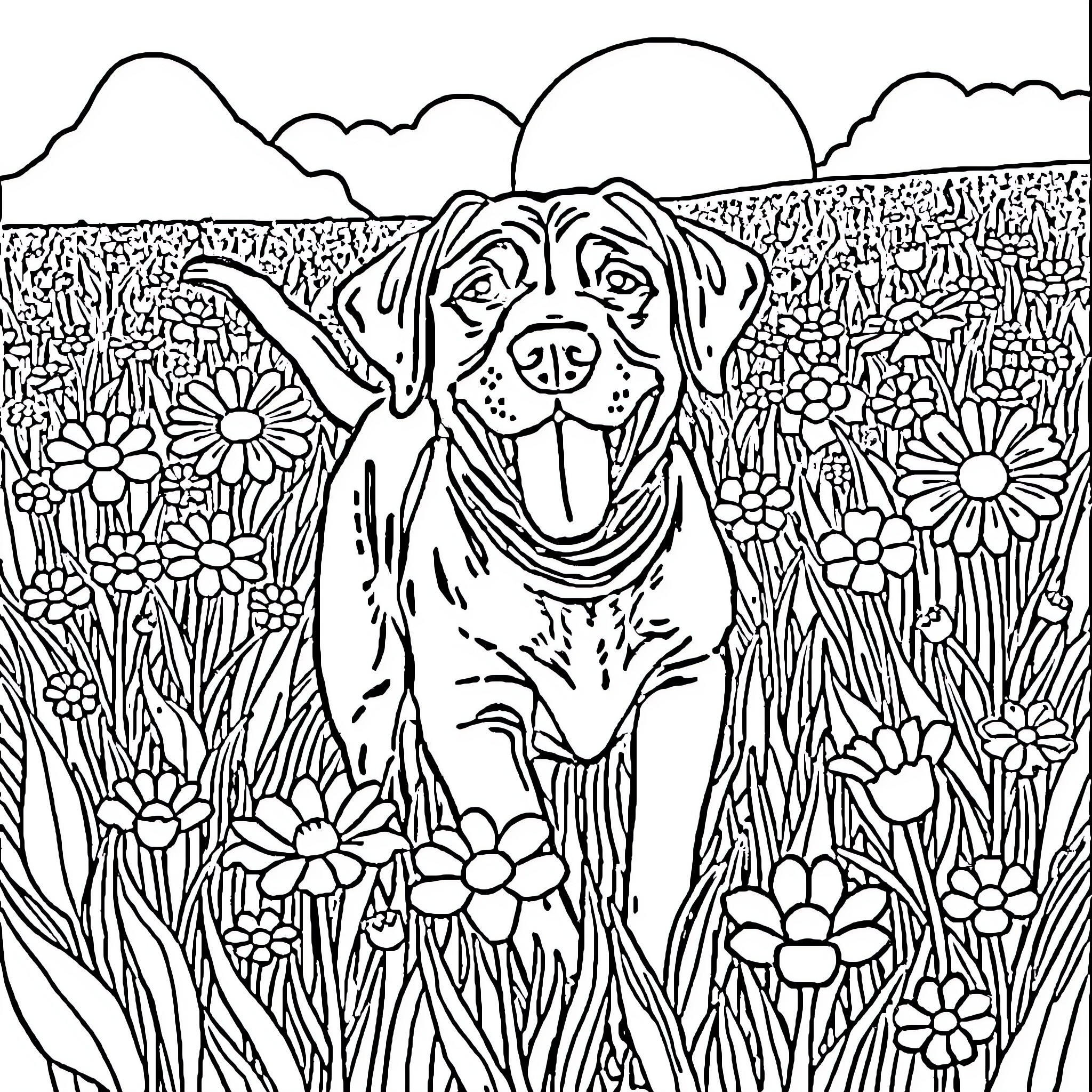 Lab Dog Enjoying Flowers in Scenic Meadow Coloring Page (free black-and-white line drawing printable PDF for all, from beginners to advanced learners, including children, teens, adults, and seniors)