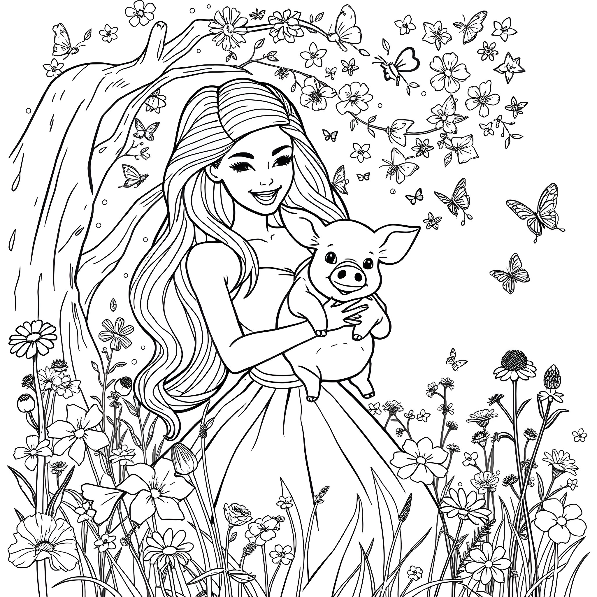 Barbie's Enchanting Garden Adventure with Pig Companion Coloring Page (free black-and-white line drawing printable PDF for all, from beginners to advanced learners, including children, teens, adults, and seniors)