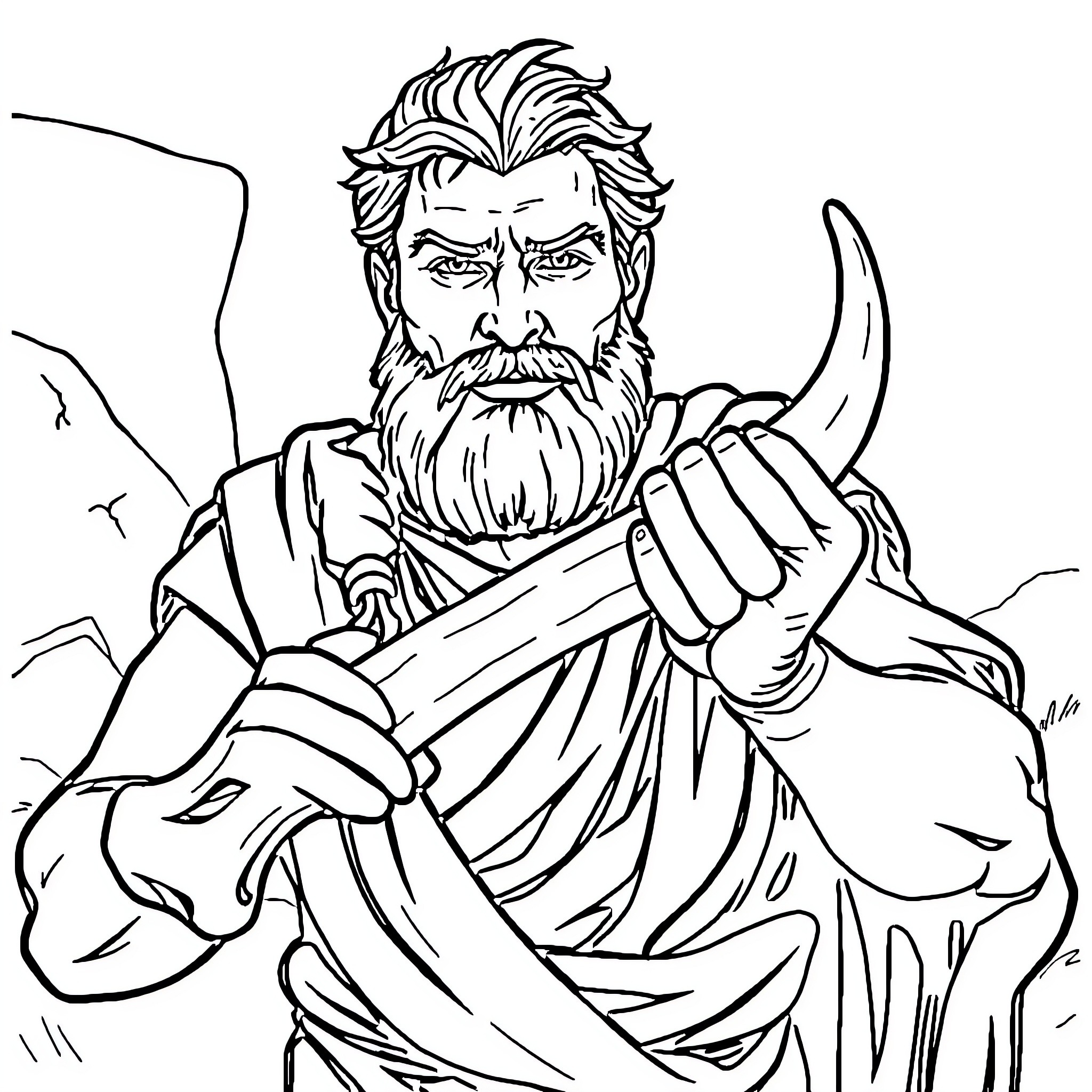 Sampson, the Wise Warrior's Contemplative Pose Coloring Page (free black-and-white line drawing printable PDF for all, from beginners to advanced learners, including children, teens, adults, and seniors)